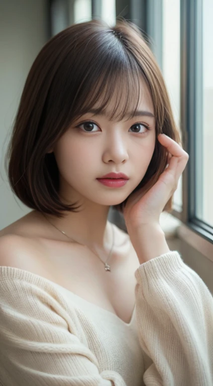 (highest quality、8k、32K、masterpiece、nffsw:1.2)、photo of cute japanese woman、long sleeve dress、very short hair、Photographed in natural light、Upper body、surface focus、simple necklace、Taken in front of the desk in the room、from the front、looking at the viewer、mix 4、(8k、RAW photo、highest quality、masterpiece:1.2)、(realistic、Photoreal:1.37)、1 girl、photon mapping、Physically based rendering、good looking、excellent image quality、High resolution、1080p、(pretty face)、(Detailed facial description)、(Detailed explanation of hand setter muscle parts)、(Detailed CG)、hair is dirty、masterpiece、Rich details、(exquisite features)、(best image quality)、(masterpiece)、(detailed eye)、looking forward to your eyes、delicate clavicle、Various poses
