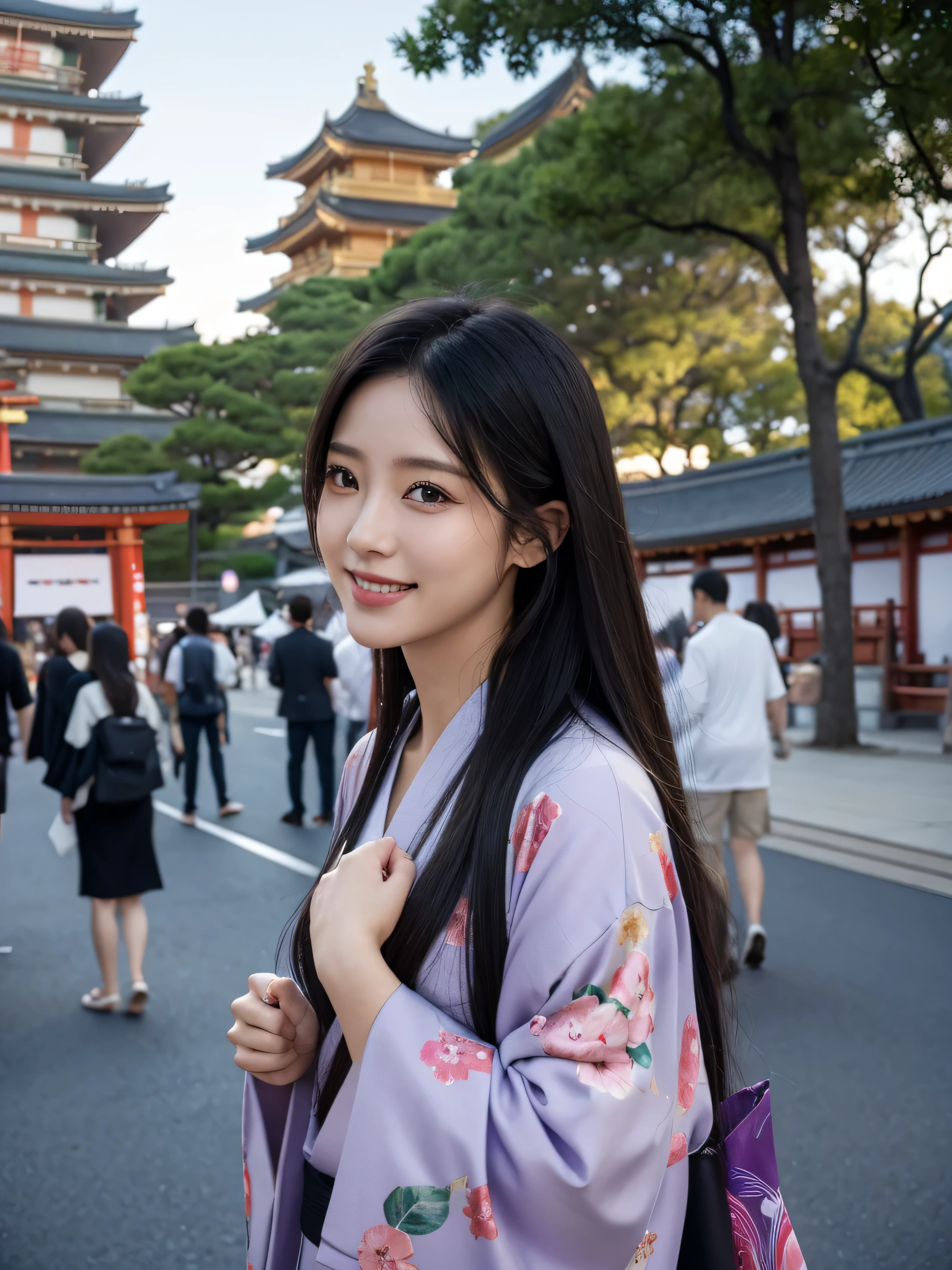 best qualtiy、Osaka castle, masterpiece、photoRealstic、intricate-detail、Raw foto、Photon Rendering、Octane Rendering、absurderes、ultra-detailliert、A detailed face、Detailed skin、Trending in art stations、8K Masterpiece、lighting like a movie、( (1girl in))、((solo) ))、CG Social Trends、Plastic En、((Black Long Hair))、((Beautuful Women))、(A smile), Fashionable、Hair that flutters in the wind、((Flowing hair))、fashion magazine、((A sexy))、((lighting like a movie)、((indirect lighting)、、(ssex)、Grinning、(View from a distance)、((Festival of Japan))、Dark purple kimono、Hair is up、Osaka castle in the background.