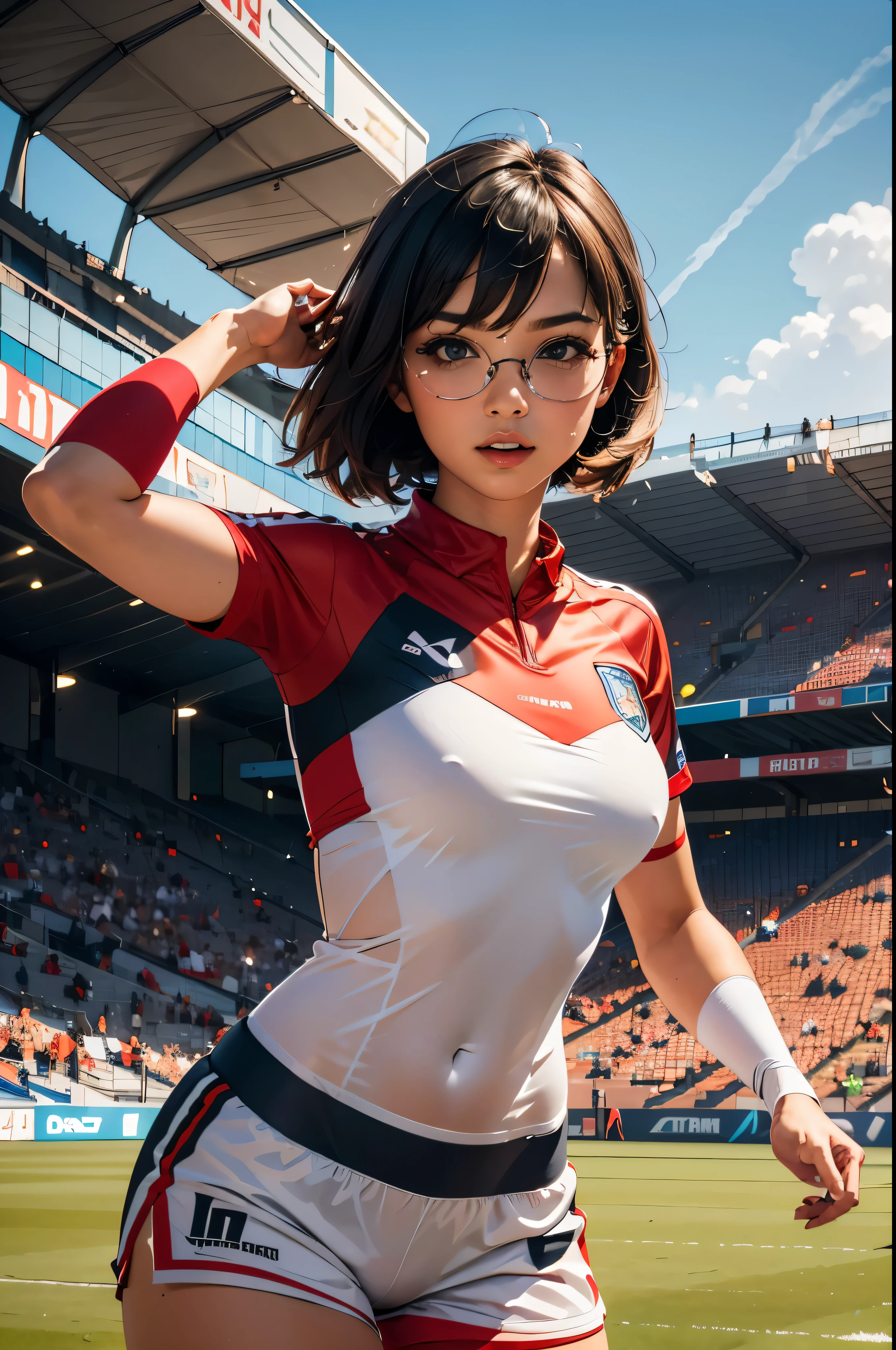 ((wide angle)), women's football competition, (((wearing large glasses)))