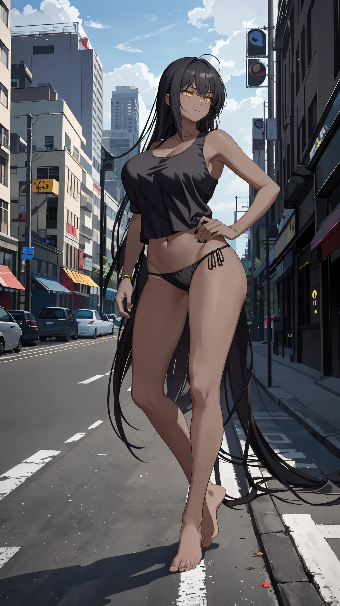 Masterpiece, best quality, high resolution, 1 woman, Karin , black skin , black hair , yellow eyes , black tank top , underwear , abdomen , big breasts, Long legs , Barefoot , stand on your hips , roadside , city