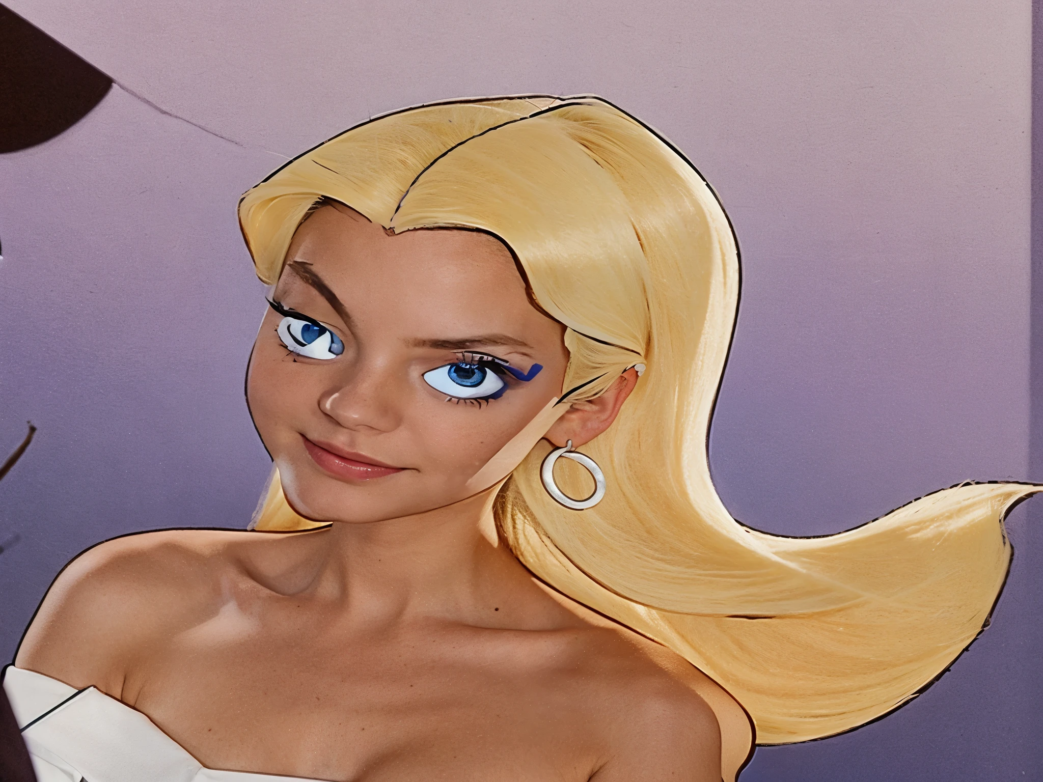 A woman with blonde hair and blue eyes wearing a white dress