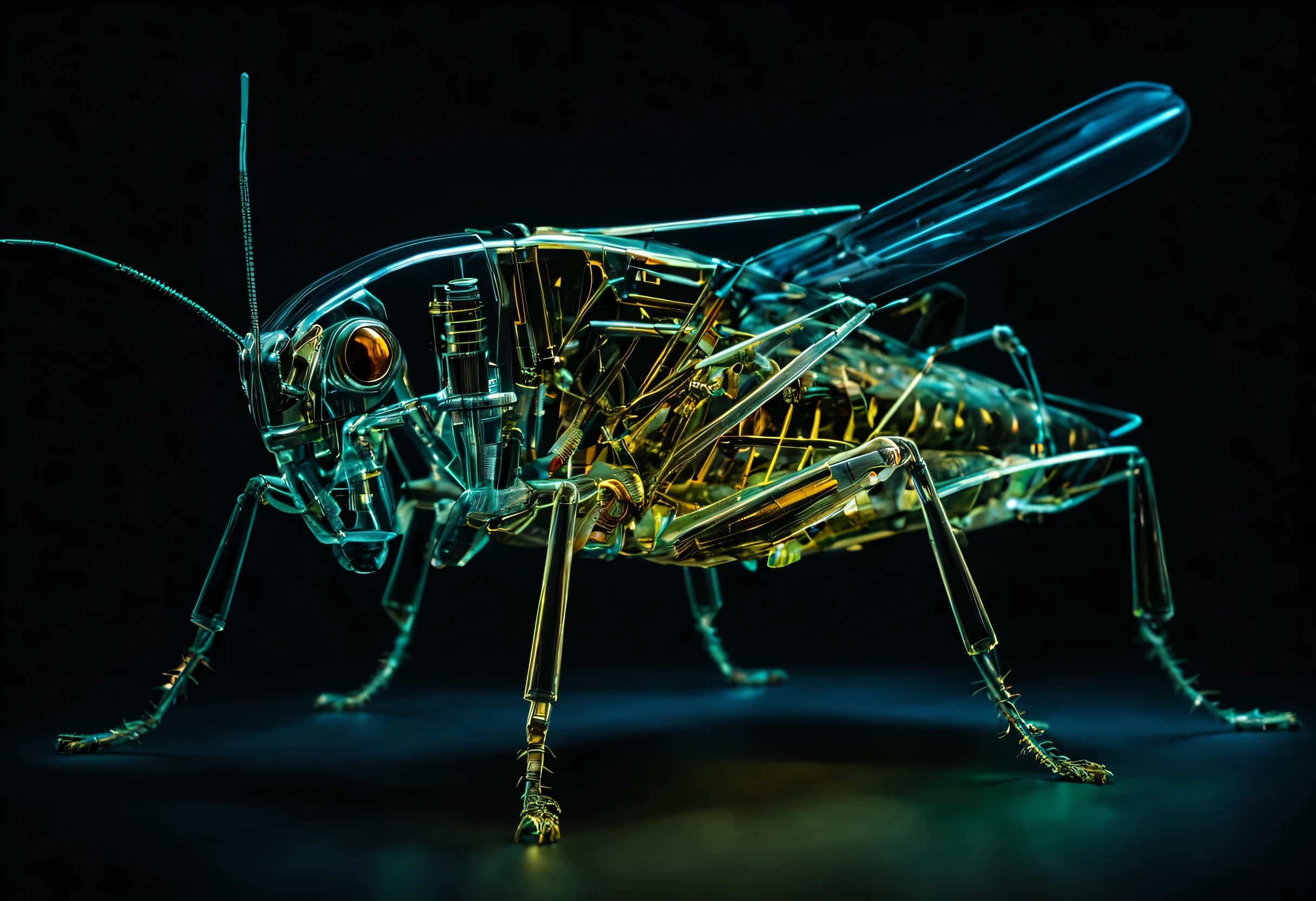 whole body, Pure black background, The combination of biology and machinery, Transparent mechanical locust, The internal structure is complex and precise, glowing neon light