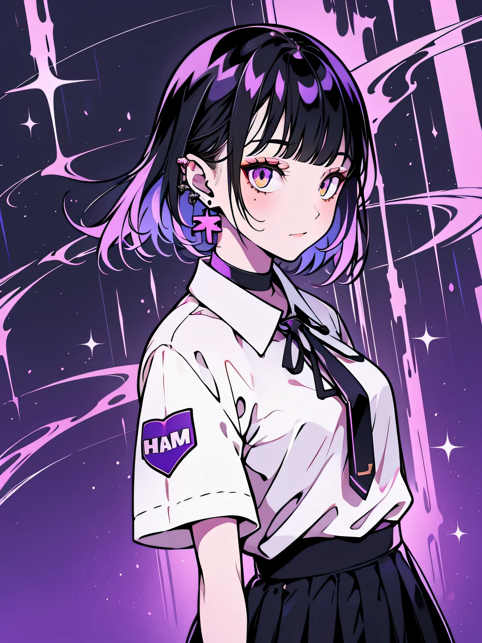 girl in school uniform with black and purple hair standing in front of 紫色の背景, 1 girl, alone, short hair,The pony is、 skirt, shirt, black hair, tie, simple background, white shirt, purple eyes, black tie, jewelry, pleated skirt, From the side, short sleeve, earrings, collared shirt, shirt tucked in,rum \(rumダヨー\)