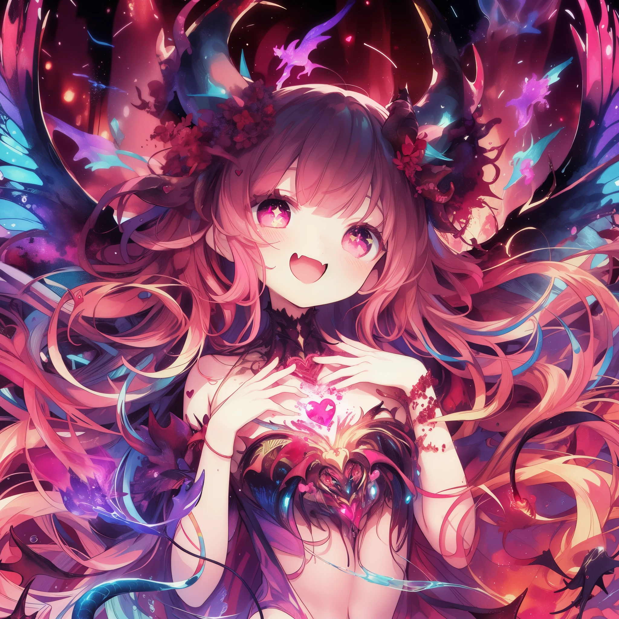 Girl with long hair and wings in a pink dress, absurd, High resolution, 666,whole body、floating、brown skin、(anime style:1.1), (cute illustration:1.3)、(water color:1.3)、(fractal art: 1.3)、(1 girl: 1.3),、(rainbow colored hair:1.2)、Colorful、laughter、looked back、brown skin、 ((sparkling pupils))、((((devil girl, devil's horns, demon tail, devil's wings, heart-shaped eyes)))、cinematic light、Backlight、full body shot、high contrast、raytraced reflections, shine、shining aura、(black and shocking pink theme:1.4),anime art wallpaper 4k, anime art wallpaper 4k, anime art wallpaper 8k, anime style 4k, anime wallpaper 4k, anime wallpaper 4k, detailed digital anime art, pixiv digital art, 4k anime wallpaper, 8K high quality detailed art, beautiful fantasy anime