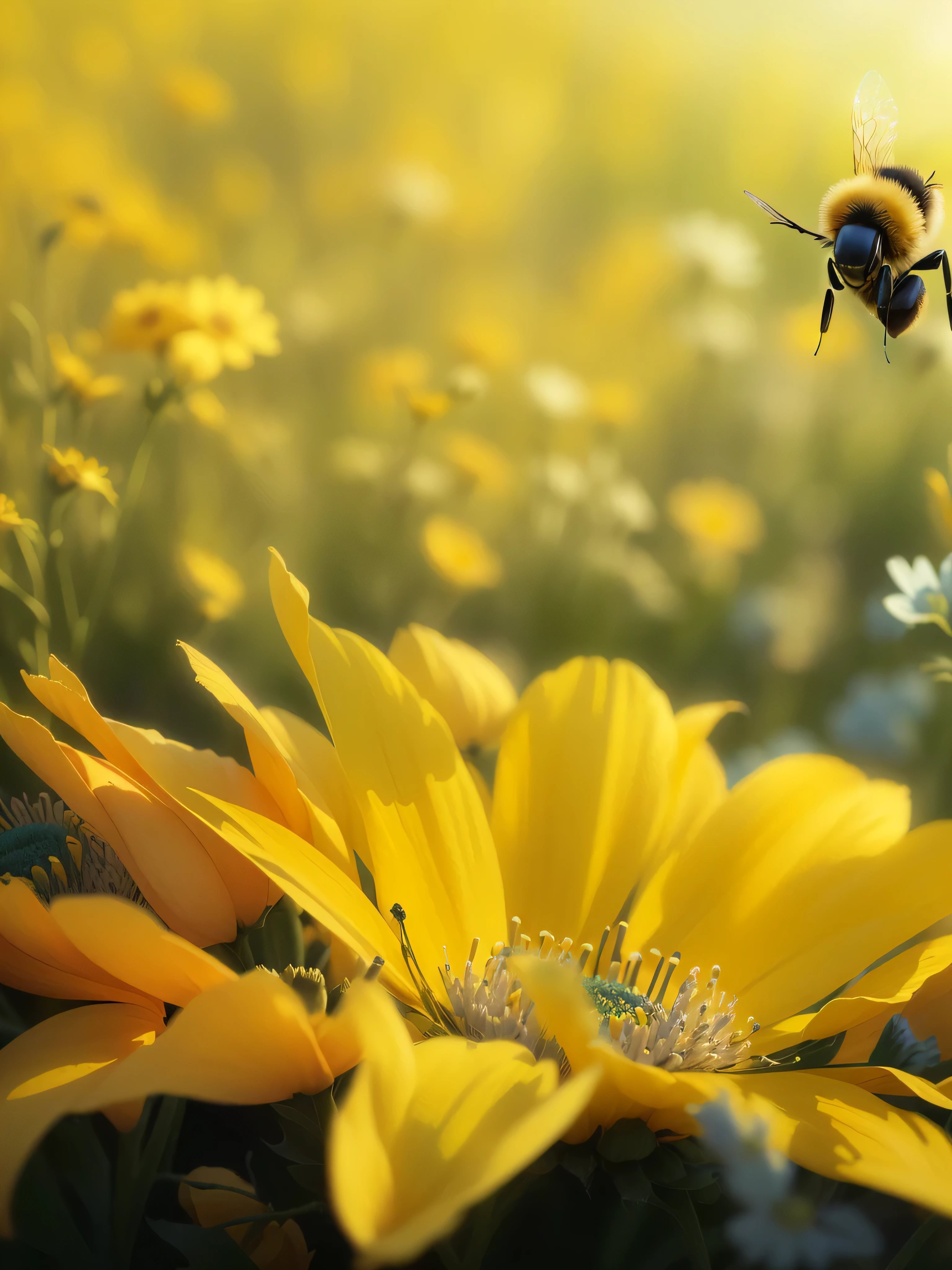 一只bee flying过田野里的一朵黄花, bee flying, bumblebee, an nice photos, Still from nature documentaries, painting big bee flying around, pollen, close-up photo, close-up photo, nice photos, Warm and joyful atmosphere, Still from a nature documentary, author:Hans Schwarz, nice photosrealistic imagery, nice photos, surreal