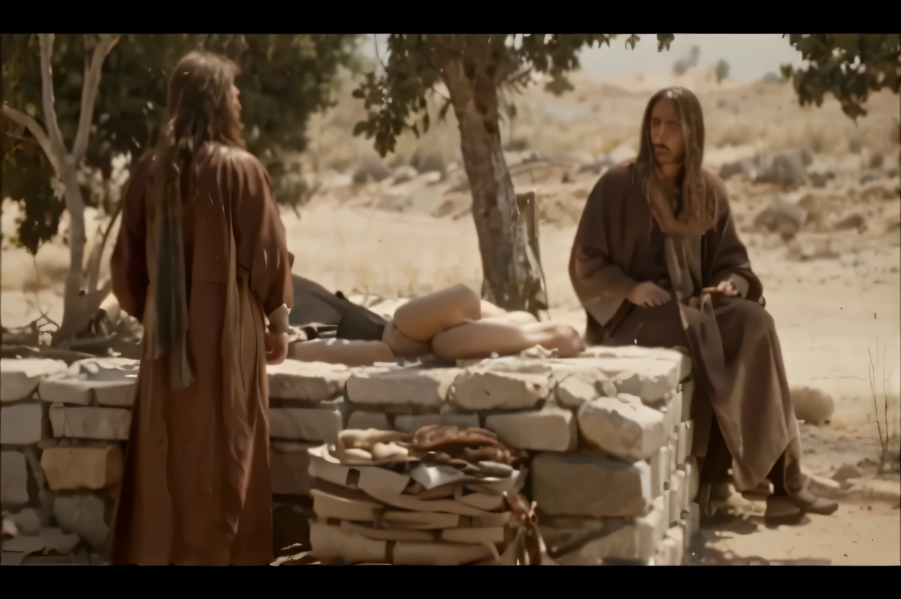 Jesus y una mujer  parados uno al lado del otro cerca de un pozo de agua de piedra, featured Escena de pelicula, la escena mas hermosa, biblical epic movie, Escena de pelicula, Filmado al estilo de John Toll, Screenshot from a movie, scene from a 1 9 7 3 film, documental historico, live action movie scene, La mejor escena de Trakovsky, of a Escena de pelicula ((Kinematics)),((fotorealista)),((Hyperdetallada)),((la mejor calidad)),((obra maestra)),((Arte Digital))