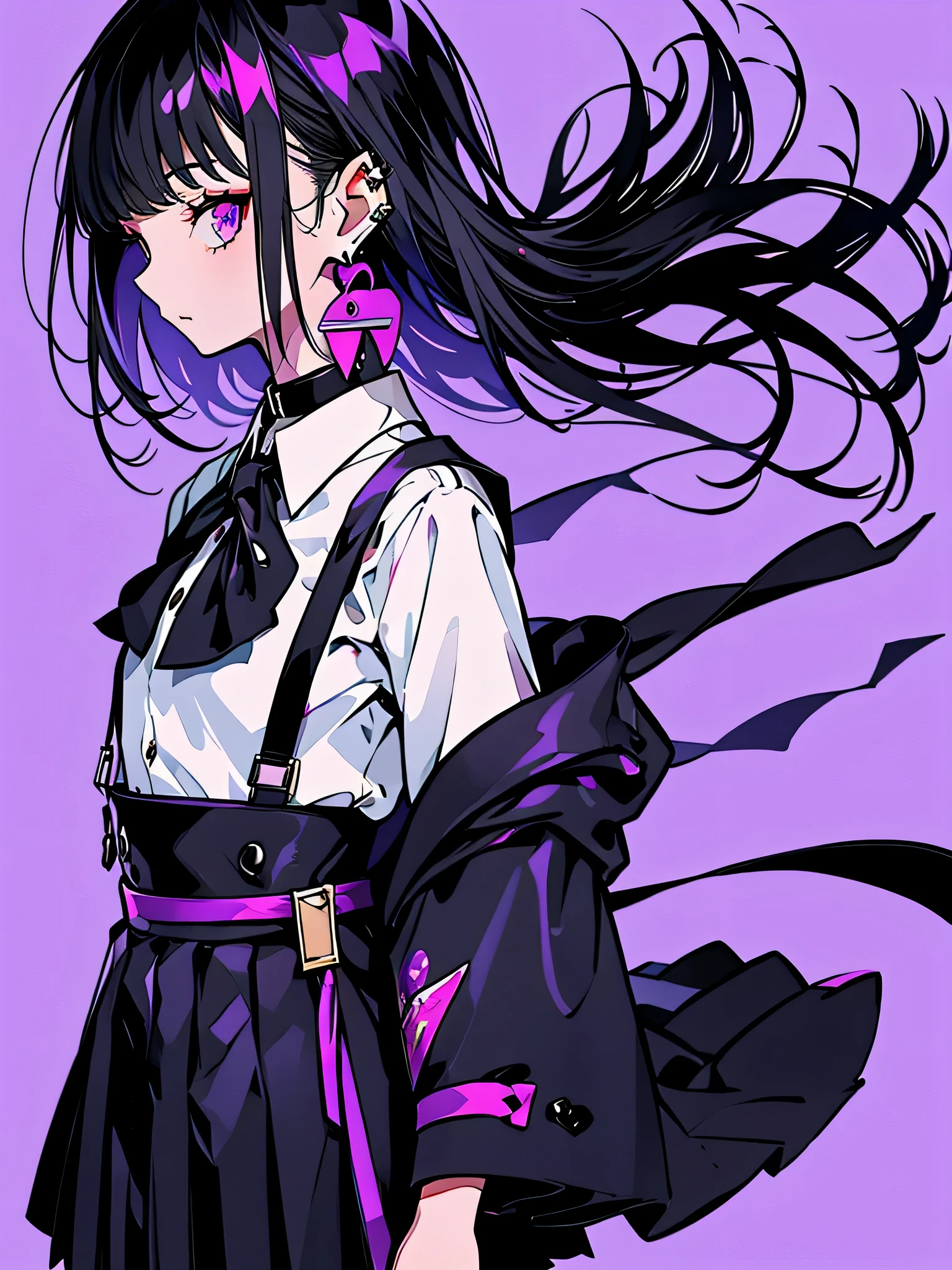 girl in school uniform with black and purple hair standing in front of 紫色の背景, 1 girl, alone, short hair,The pony is、 skirt, shirt, black hair, tie, simple background, white shirt, purple eyes, black tie, jewelry, pleated skirt, From the side, short sleeve, earrings, collared shirt, shirt tucked in,rum \(rumダヨー\)