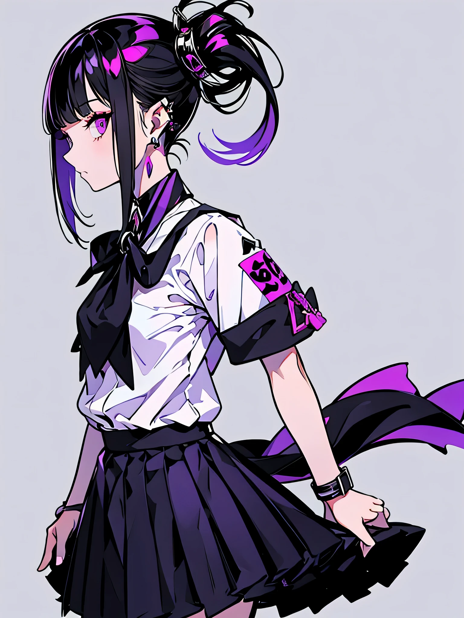 girl in school uniform with black and purple hair standing in front of 紫色の背景, 1 girl, alone, short hair,The pony is、 skirt, shirt, black hair, tie, simple background, white shirt, purple eyes, black tie, jewelry, pleated skirt, From the side, short sleeve, earrings, collared shirt, shirt tucked in,rum \(rumダヨー\)