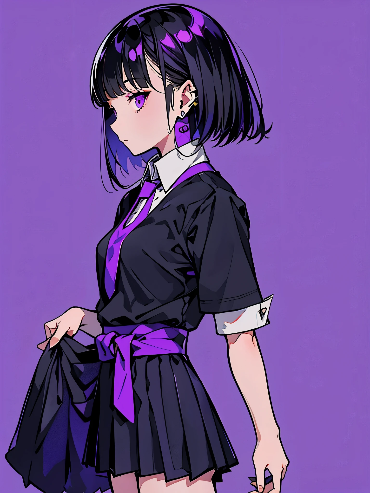 girl in school uniform with black and purple hair standing in front of 紫色の背景, 1 girl, alone, short hair,Pony is、 skirt, shirt, black hair, tie, simple background, white shirt, purple eyes, black tie, jewelry, pleated skirt, From the side, short sleeve, earrings, collared shirt, shirt tucked in,rum \(rumダヨー\)