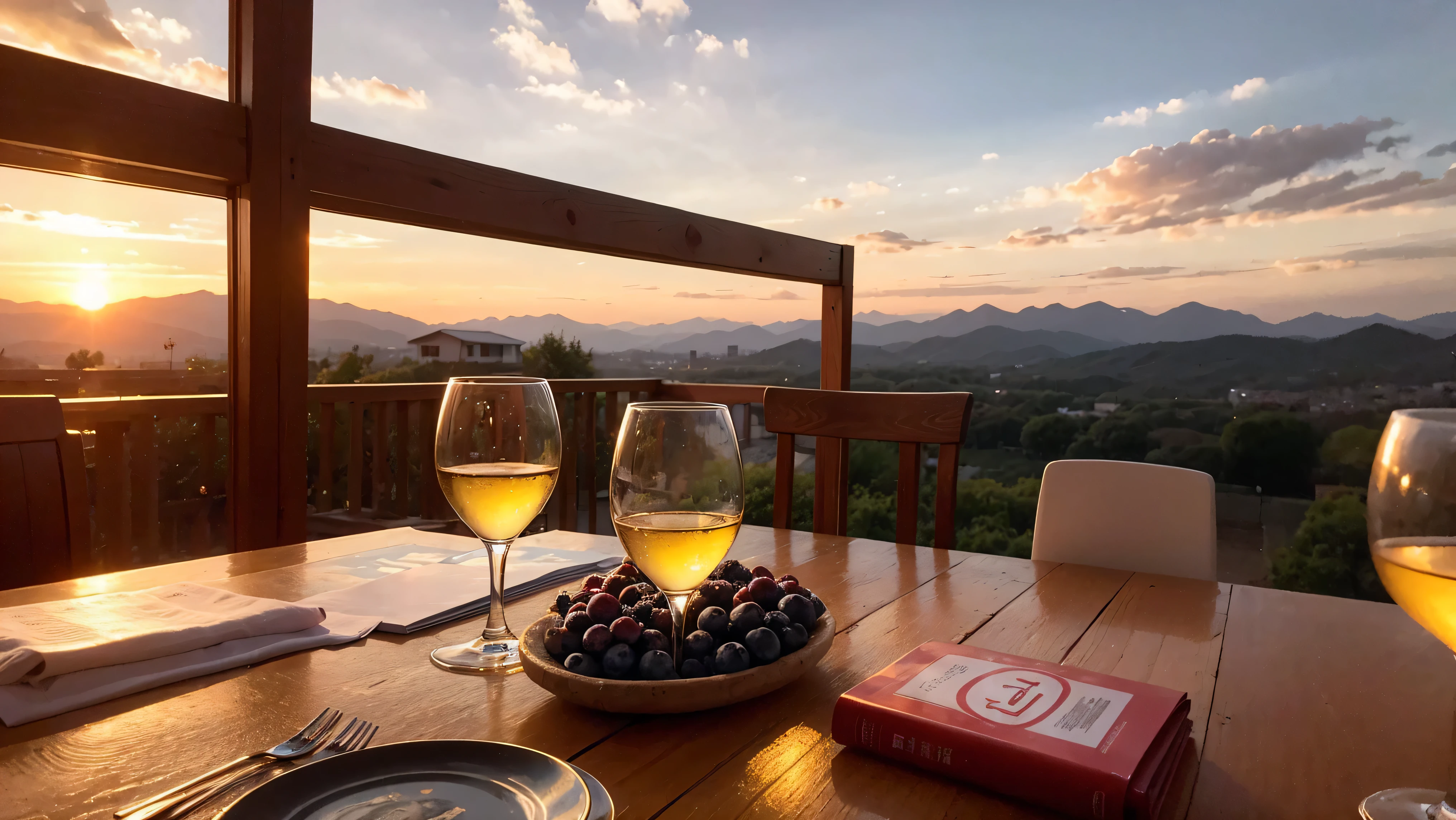 (including 64k, nffsw, highest quality, table top: 1.2), (realistic, realistic: 1.37), Spectacular view of the sunset sky and clouds、Amazing mountain views、White wine、red wine、wine glass、wine bottle、sparkling wine、