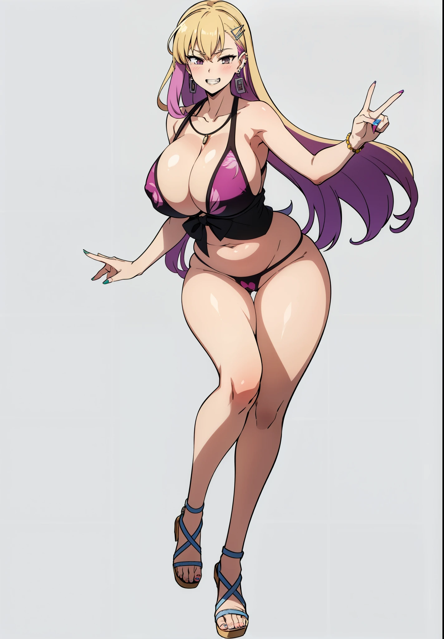 ((Cartoon image of a tall and long-legged woman)), tits, tits proportions, big breasts!!, Close-up of lower body, big breasts!, Close-up of intense gesture style, She has a plump, round belly, huge breasts in covered sfw, junko enoshima, big breastsを持つ, Full body close-up shot, thick, big breastsを持つ,huge breasts, gigantic breasts,(beach background),smile,blush,hiiragi utena,boryeondef,blond hair,gyaru, tan, earrings, fangs, kogal,grin,peace sign with left hand