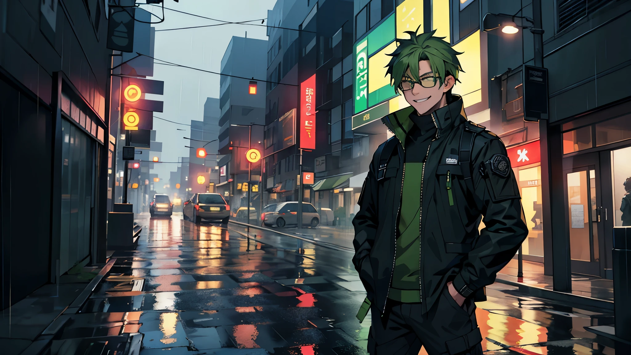 1 person, Tactical Jacket, City of night, rain, put your hands in your pockets, tactical clothing, green hair, black glasses, smile, UHD, ccurate, best quality, 8k