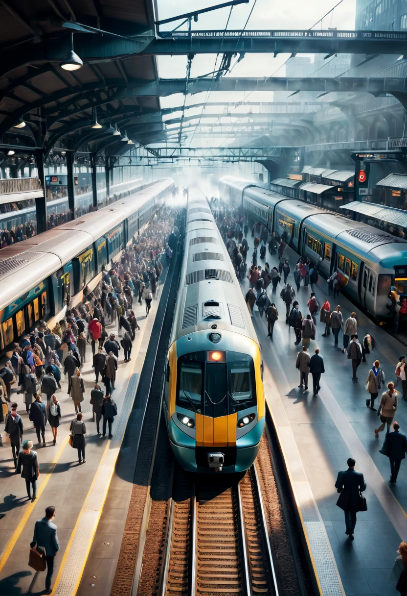 **Image:** A bustling train station filled with commuters and train tracks. **Descriptive Keywords:** Vibrant, dynamic, urban, rush hour, transportation hub. **Photographic Style:** Realistic with a touch of cinematic lighting and composition. **Tone:** Energetic and vibrant, capturing the hustle and bustle of a busy urban transit hub. **Object:** A sleek, modern train. **Action:** Departing from the platform amidst a flurry of activity, capturing the essence of movement and travel.