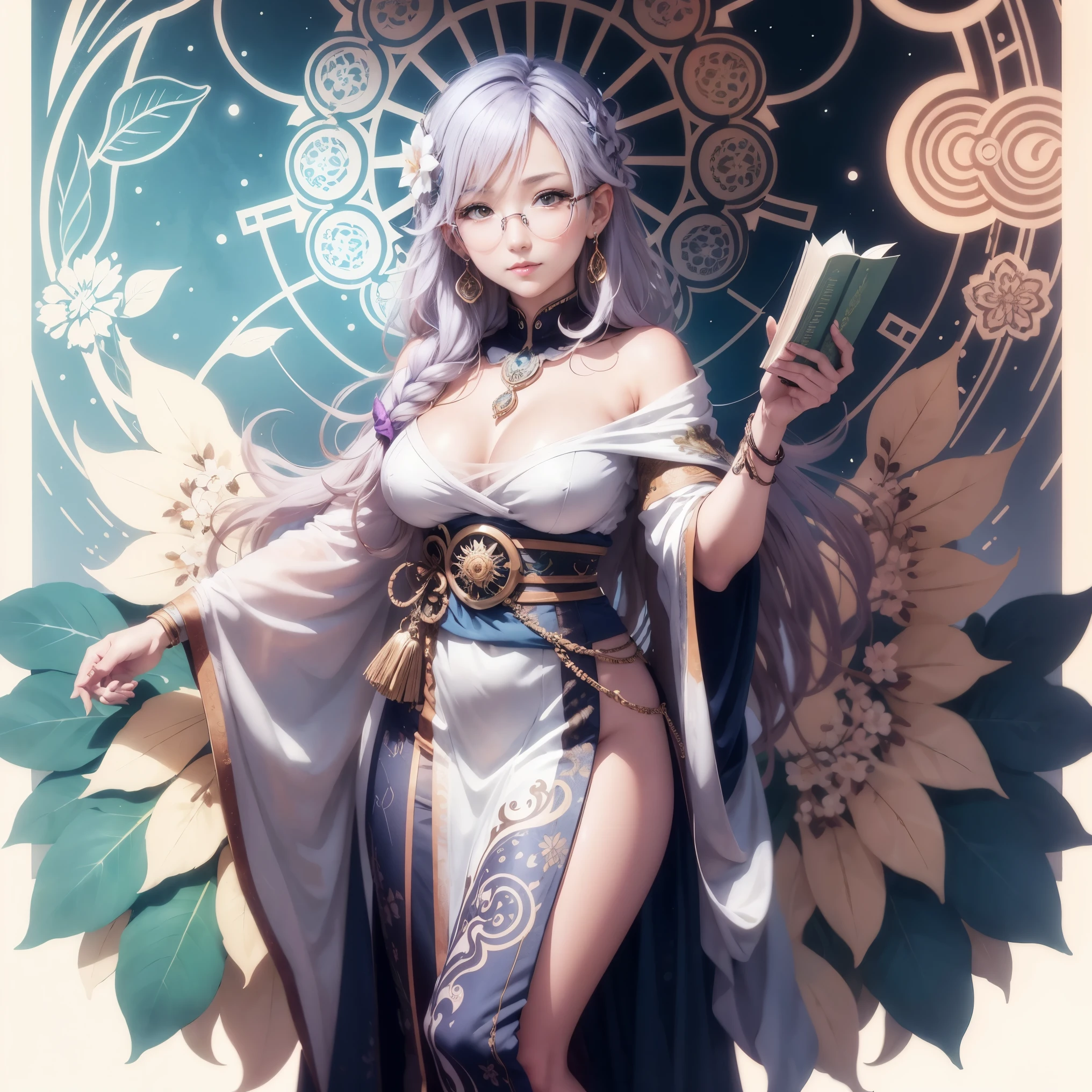 bright hair, Book page coloring art, white background, line drawing, coloring book, きれいなline drawing, Mandala colored with natural ornaments, line drawing simples e limpa, coloring bookのページ, decorated in art nouveau style, With the brushwork of Alphonse Mucha, perfect details, (Glasses)