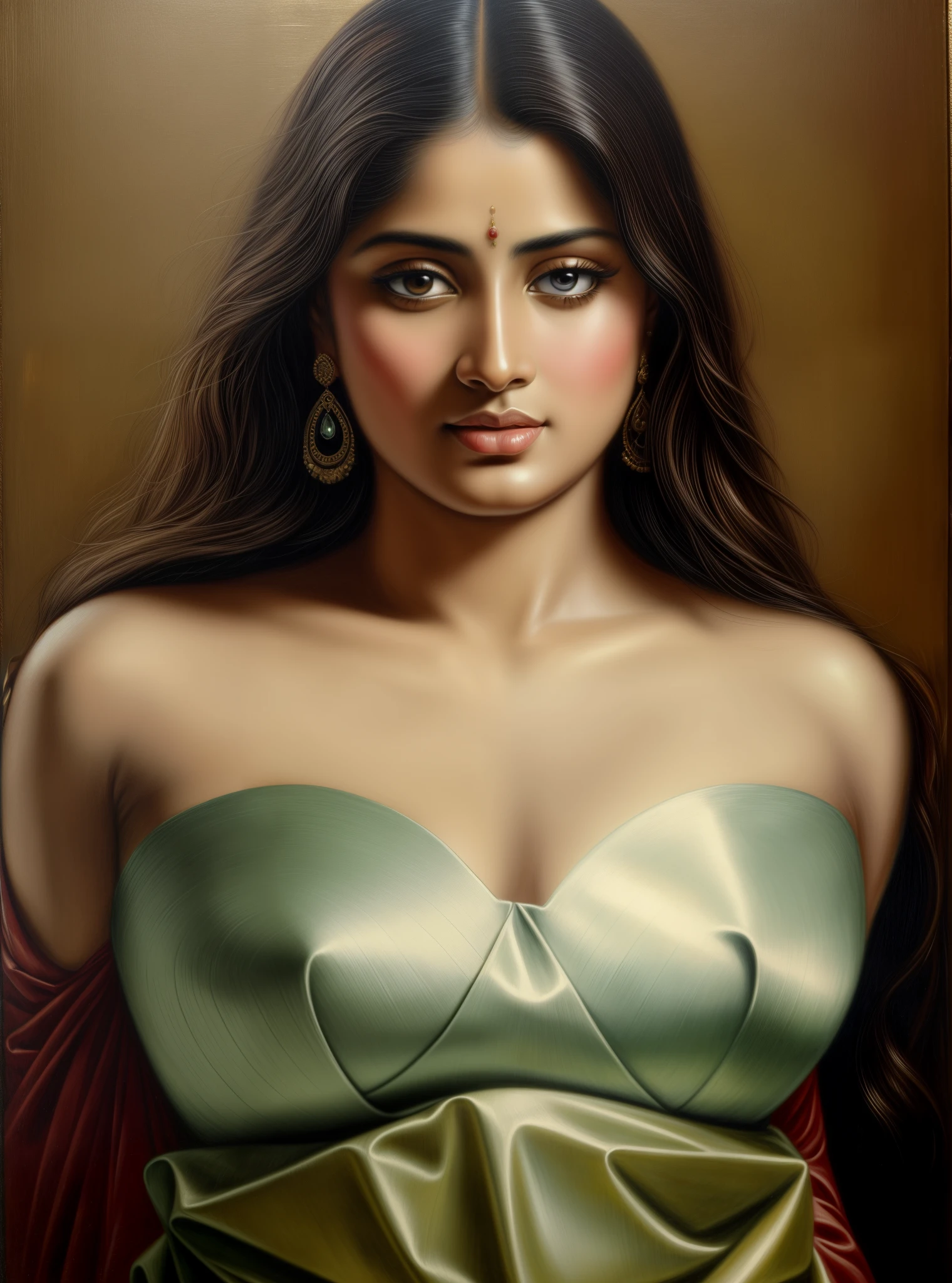 Beautiful Indian Woman, wearing saree, sari Beauty, gorgeous, Apsara, Maharani, royal queen woman, nymph from Hindu Mythology, Urvashi, matchless beauty, Highly detailed, Oil Painting by Peter Paul Rubens inspired by Raja Ravi Varma, Matchless beauty, captivating, gorgeous, heavenly beauty, celestial beauty, by Peter Paul Rubens, 1893, realistic, hyper realistic, micro details, incredible artwork, insane details, ultra High resolution, 8k, 32k, acrylic on canvas, intricate, flawless, detailed, detailed face, detailed eyes, masterpiece, by Peter Paul Rubens, by Caravaggio, by William Adolphe bouguereau, perfect face, perfect body, ancient Bra, beautiful art, realism, baroque, renaissance Art, highly textured, beautiful and detailed eyes, uhd, best quality,