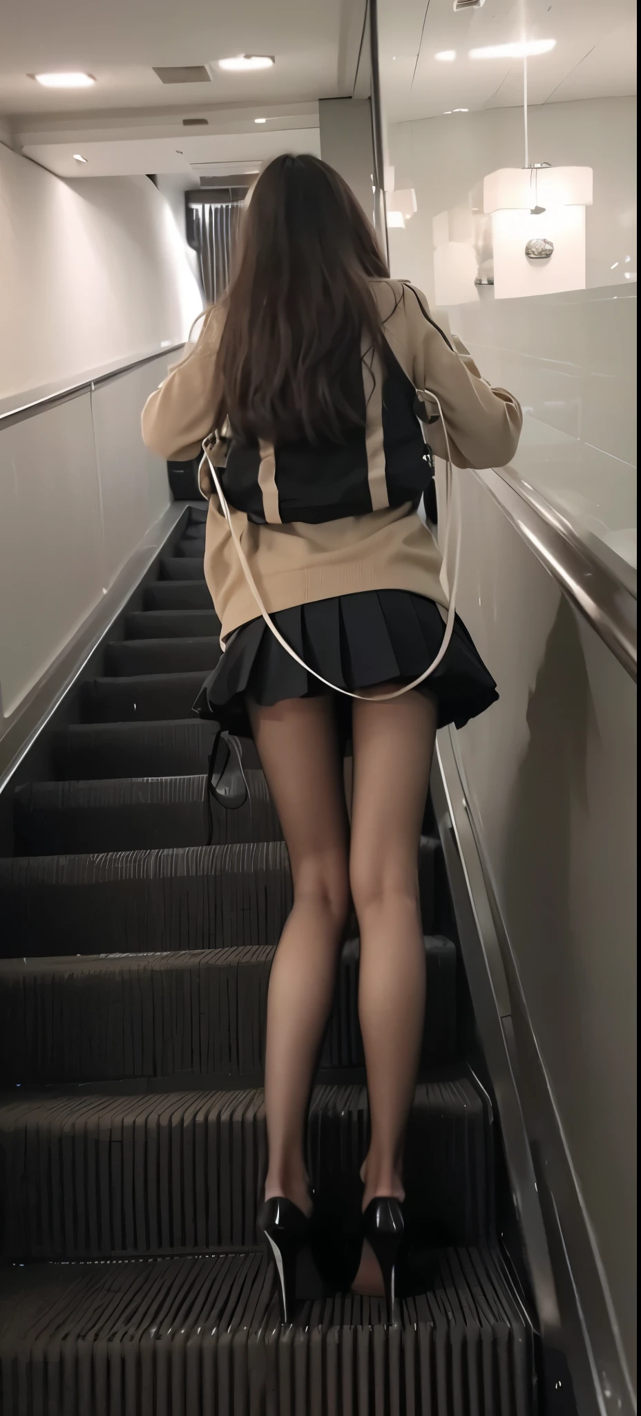 1 girl, (8k, original photo, best quality, master:1.2), (actual, photo-actual:1.37), alone, super detailed, without any seams连裤袜, sweater，pleated skirt，short skirt，skirt,(perfect hands, Have perfect legs，perfect feet，perfect anatomy),Silky feet，black pantyhose，黑色without any seams，without any seams，High heel，correct body posture，Correct leg shape，correct body proportions，correct thigh，suitable shoes，（（back））（From behind）