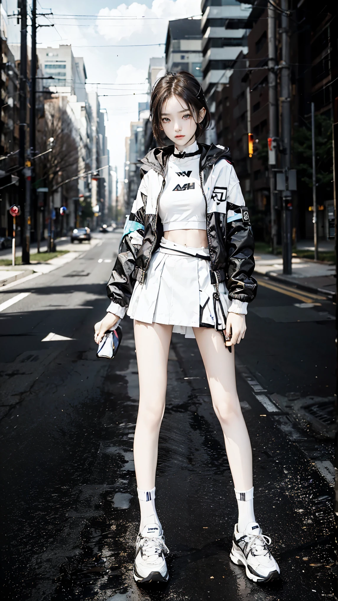 a very thin beautiful girl,16 years old,Height 169cm,Weight 33kg,Waist 51cm,Wear waist-revealing clothes,Jackets and miniskirts,White sports socks,sports shoes,Well-defined abs:1.4,The legs are very thin,The skin is very white,outdoor