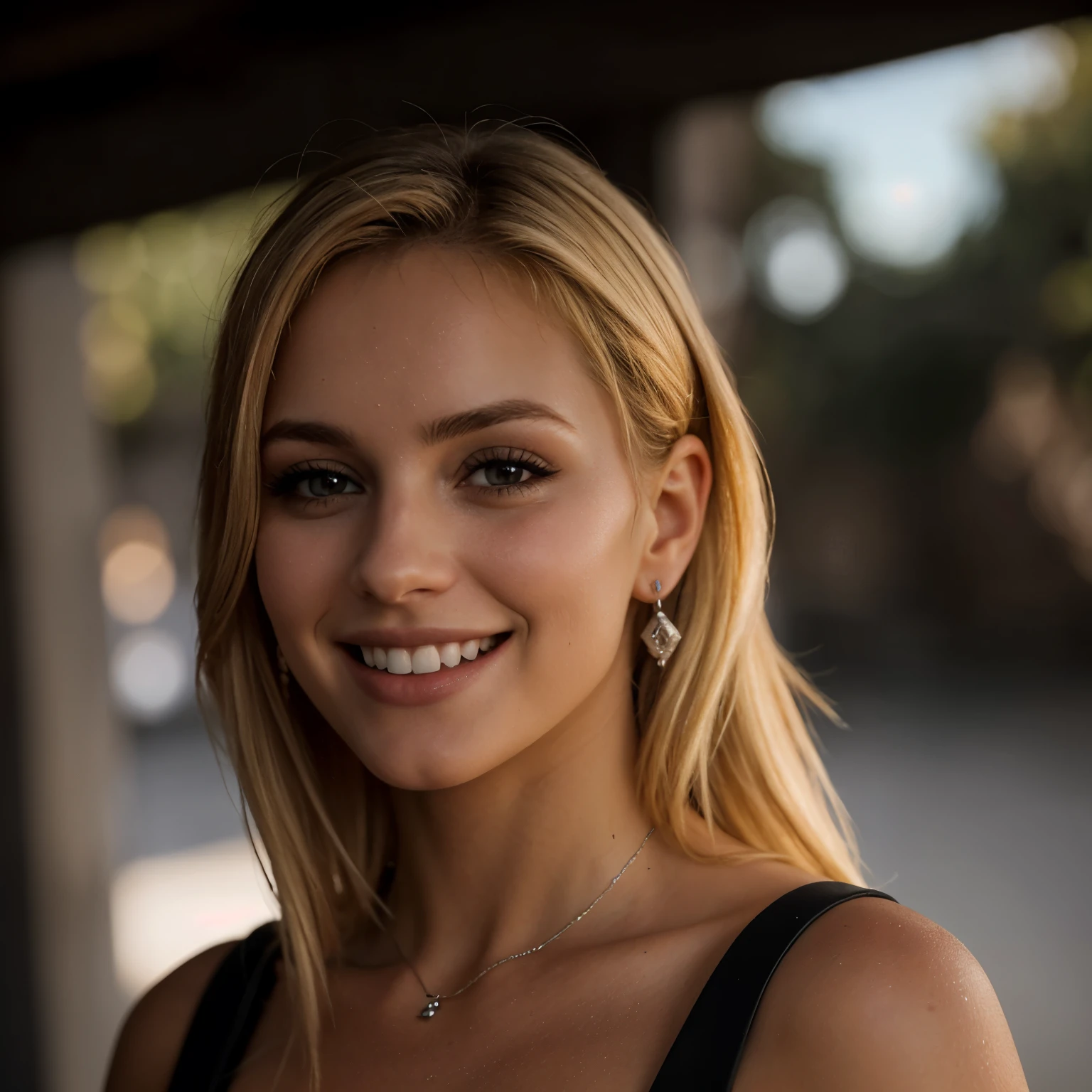 una foto de primer plano de la parte superior del cuerpo oscura de una rubia, con ojos perfectos, sonrisa, fondo oscuro, cuerpo perfecto