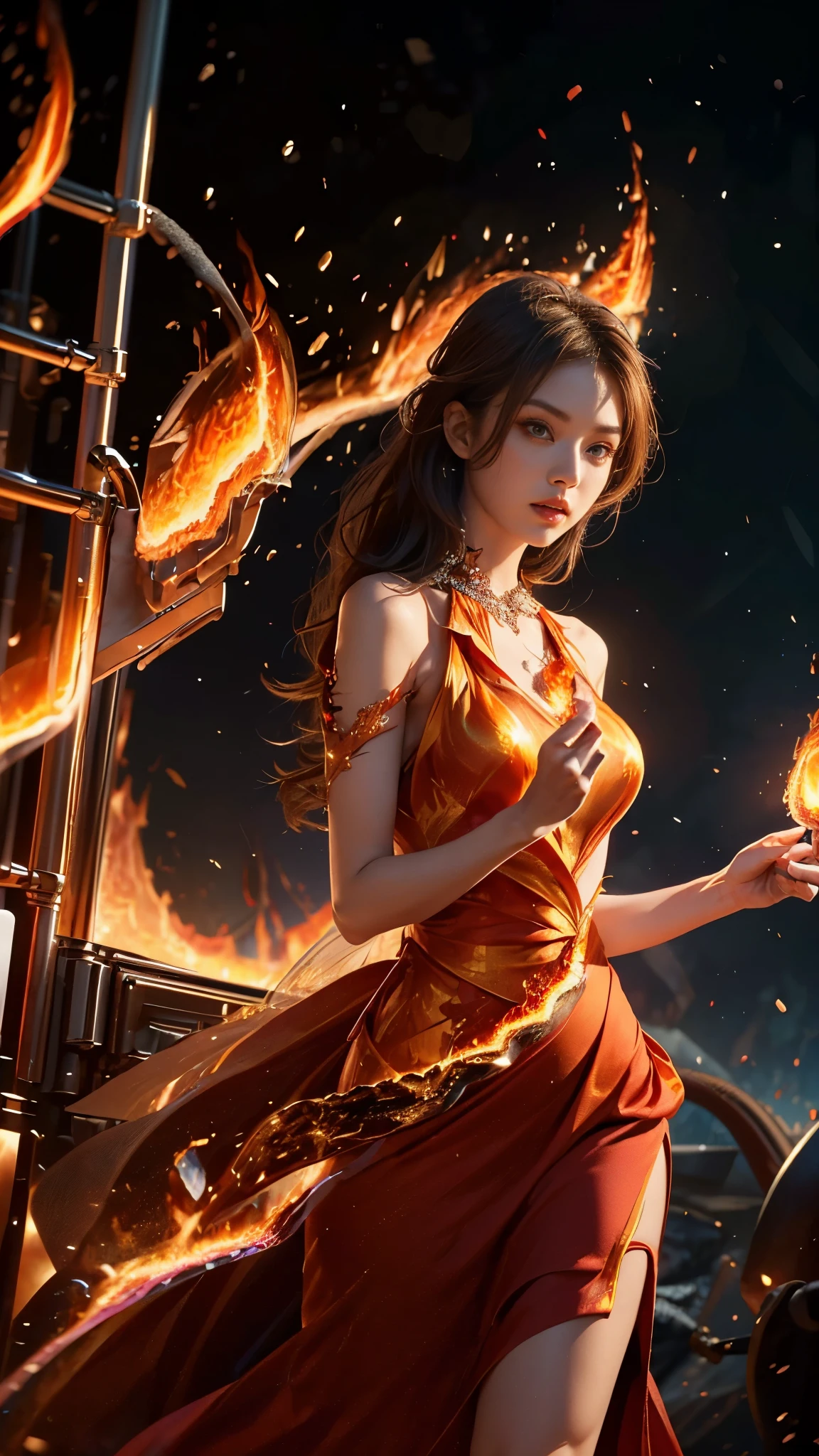 8K, ultra detailed, masterpiece, 1 fire girl, good face, detailed eyes, very long hair, (fire dress:1.8), red dress, (spreading fire:1.5), (flame aura:1.4), flame in hands, perfect body,