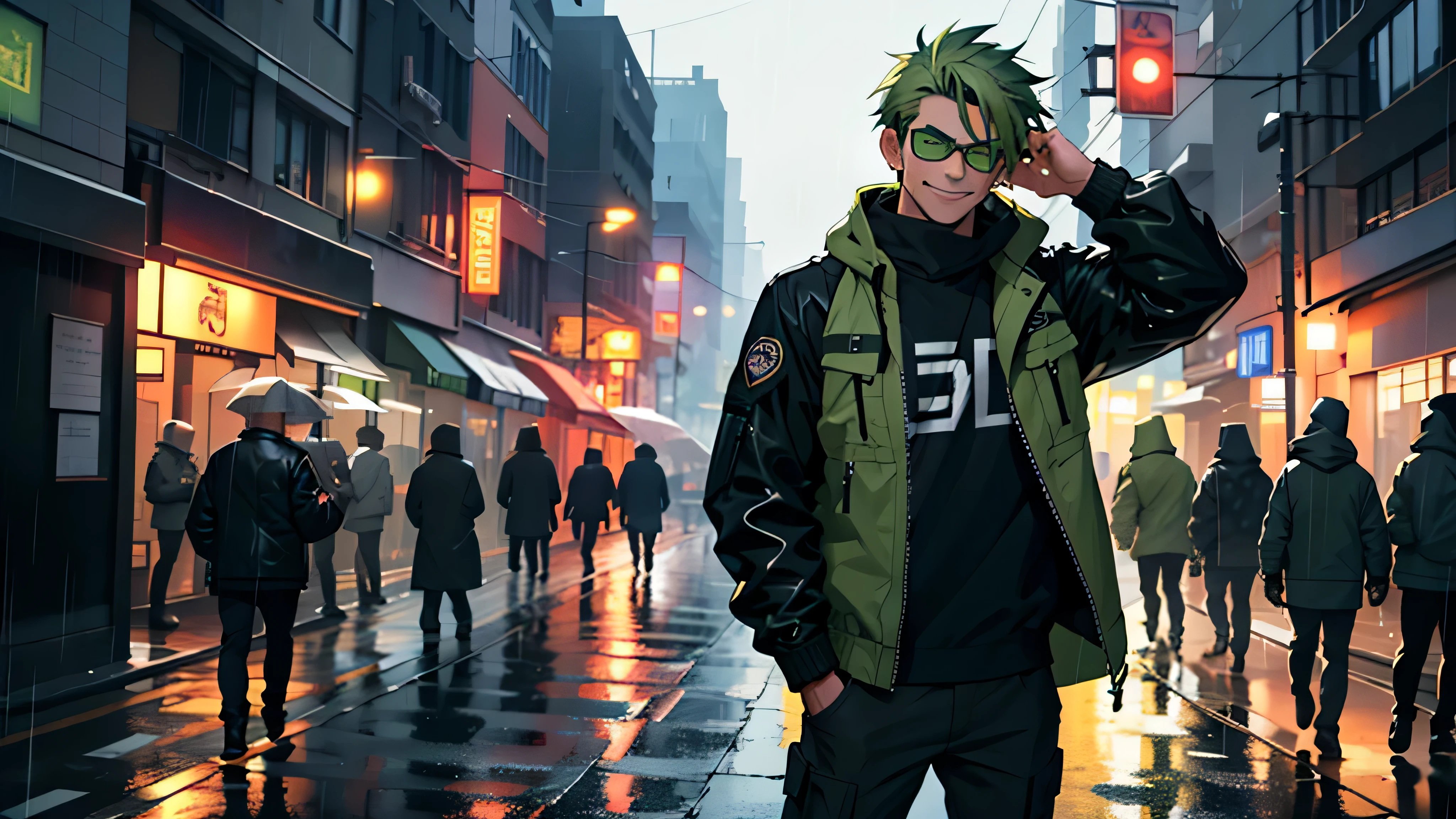 1 person, Tactical Jacket, City of night, rain, put your hands in your pockets, tactical clothing, green hair, black glasses, smile, Hmm, Accurate, highest quality, 8k