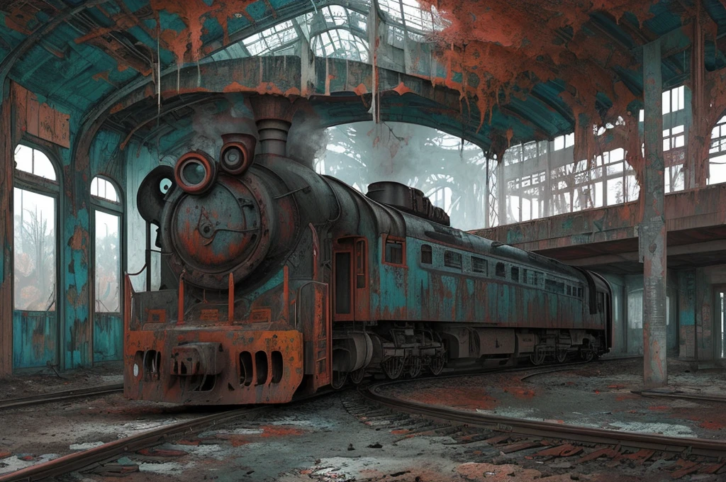 abandoned train station, horror, rusty train, detailed artwork, painting abstract