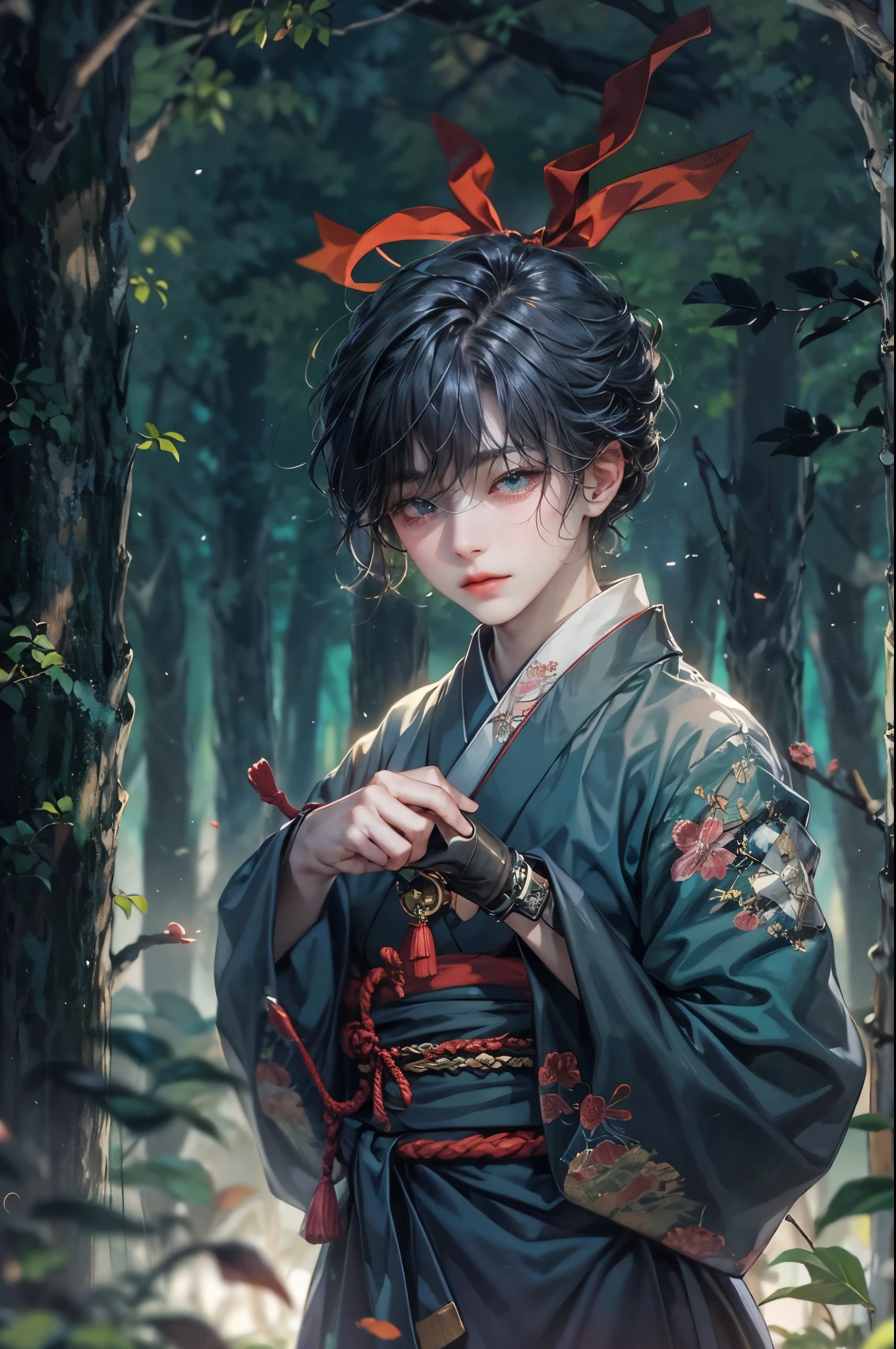 (hight resolution)、masterpiece、top-quality、Beautiful One:1.5、He is wearing Japanese ninja clothes:1.8、Black Shorthair:1.5、Under the moonlight deep in the forest、No person、Looking at Viewer、Symmetrical eyes、Night、he has a shuriken in his hand