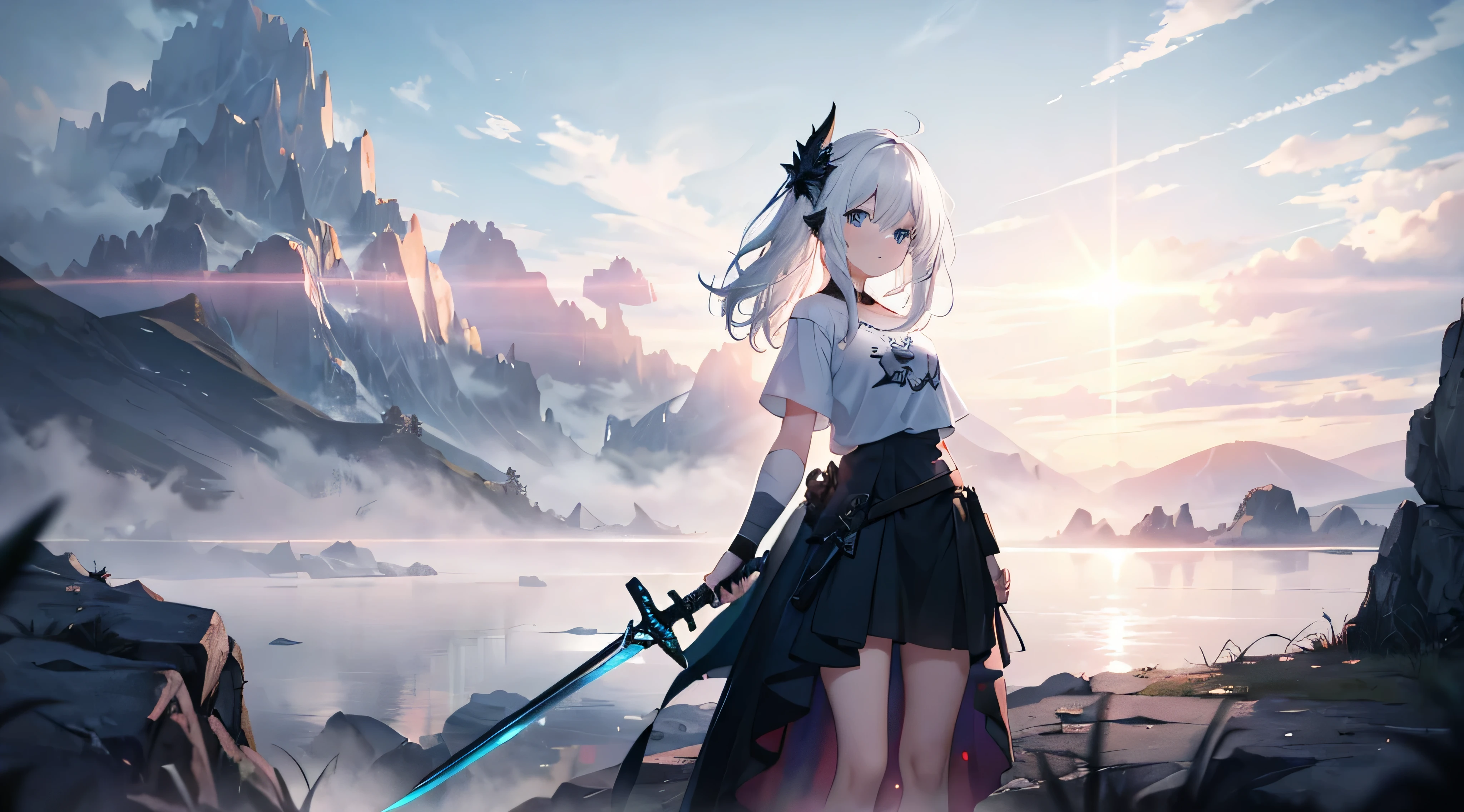 masterpiece, 8K, high resolution, ultra sharpness, ultra detail, best quality, best color selection, ray tracing, depth of field, in the wasteland, full of fog, white misty theme, swords stuck in the ground everywhere, dark theme, sunset, gradient sky, 1girl , young girl, standing, looking up, white hair, long hair, bright blue eyes, black flower hair ornament, carrying a sword, fov from the side of the character, hands sticking up, wearing white T - shirt only, legs full of bandages, shadow The dragon surrounds the girl