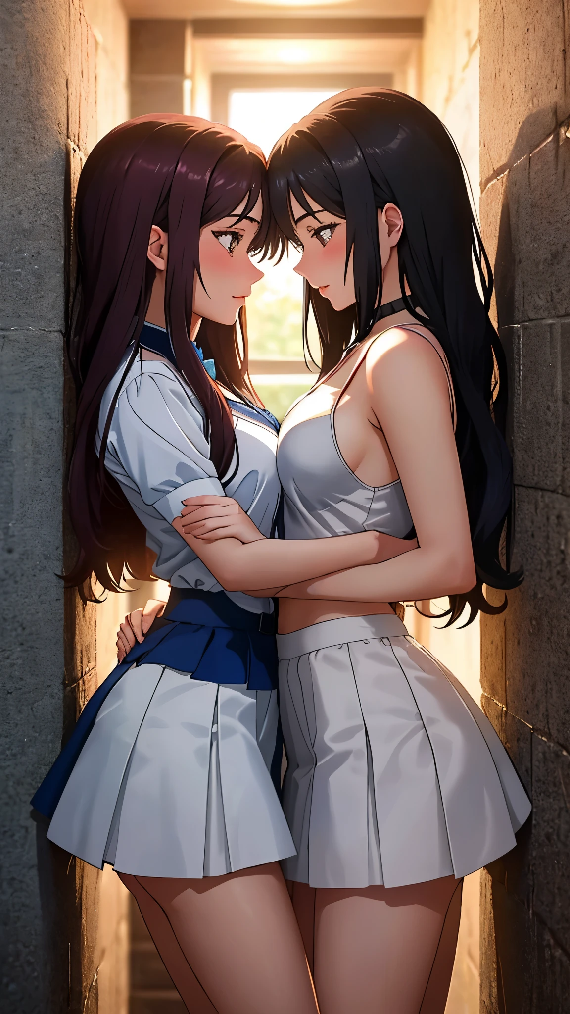 In an intimate and NSFW moment, the two eighteen--old girls found themselves pressed against each other, their bodies close enough to feel the heat radiating between them. One girl was pinned against the wall, her arms raised above her head, surrendering to the other's touch. The other girl held her waist, her hand sneaking under the skirt, their gazes locked deeply into each other's eyes. With seductive expressions playing on their faces, they explored this forbidden moment, their hearts racing with desire.