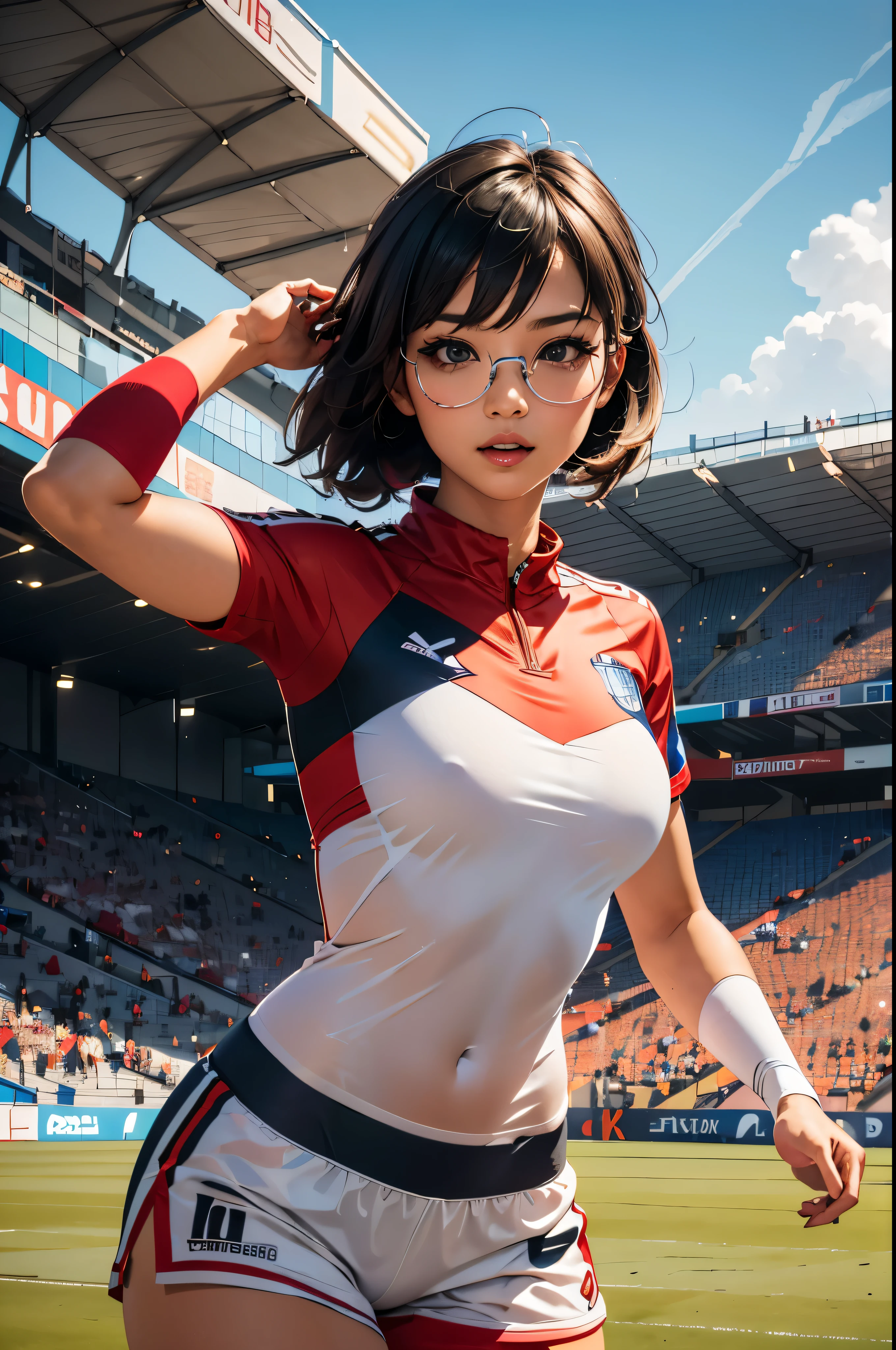 ((wide angle)), women&#39;s football competition, black hair, Ponytail, smooth, (((wearing large glasses)))