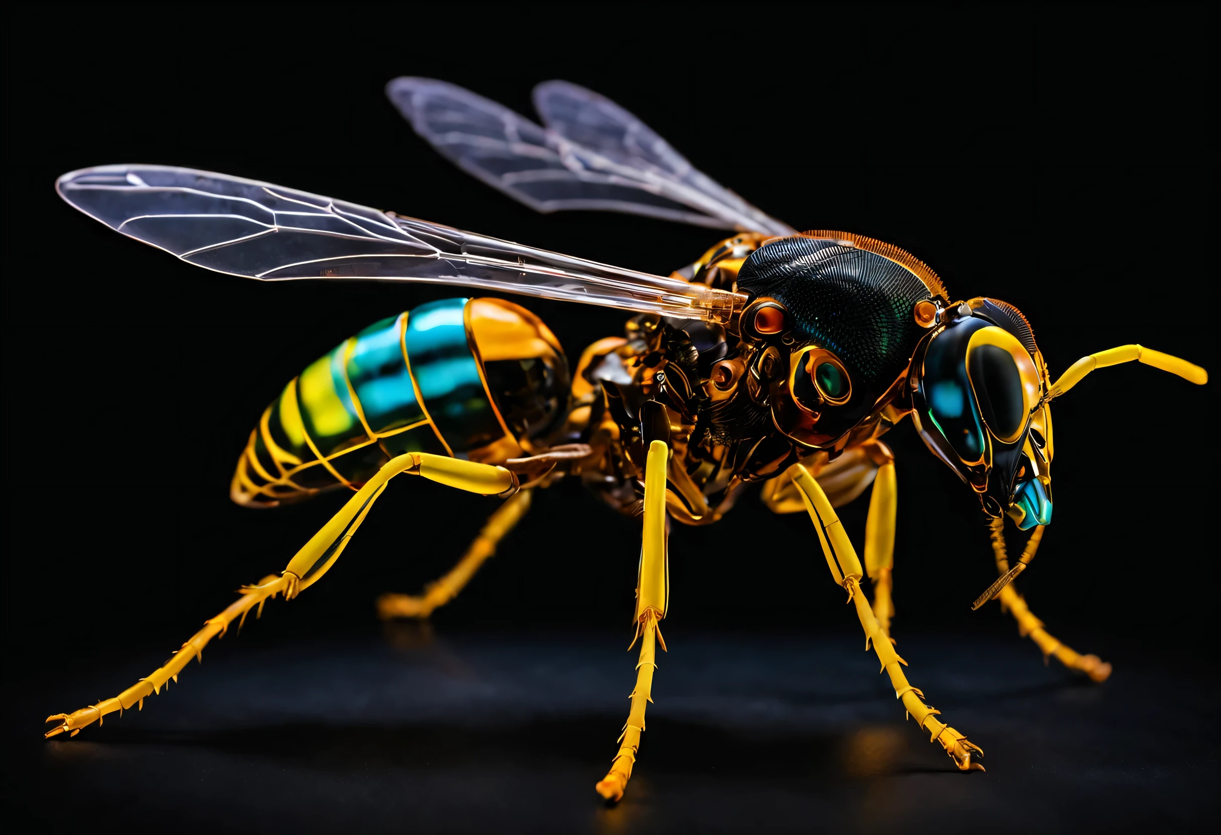 whole body, Pure black background, The combination of biology and machinery, transparent mechanical wasp, The internal structure is complex and precise, glowing neon light