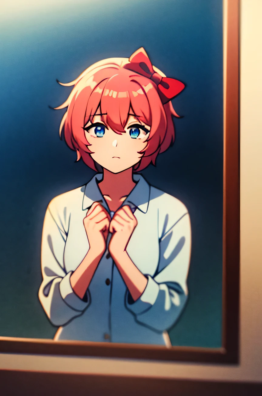 Sayori mirando por la ventana, de adentro hacia afuera, vestido en pijama, blue eyes, pelo entre los ojos, lazo para el pelo, cabello rosado, Arco rojo, cabello corto, 1980s (Estilo)