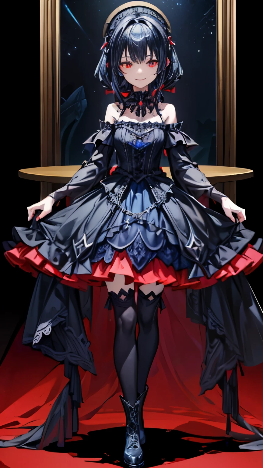 [(church background:1.4)::5],original,(figure:1.1),(highest quality),(table top:1.1),(Highly detailed CG Unity 8k wallpaper:1.1), (colorful:0.9),(mid shot:0.95),(whole body:1.5),dynamic angle,(alone:1.2), (girl),((adult)), (detailed beautiful eyes:1.15), (beautiful face:1.15), (glowing red eyes:1.25////),((dark blue long hair)),(dull bangs),(low twin tails),(+perfect hands+:1.21),(Draw an illustration of a gothic girl),(religious),(thin),(she has boots on her feet),((wearing a black dress)),(rage), Lace Off Shoulder Lolita Fashion,Beautiful thin woman,((evil smile)),dark blue short hair,dark blue short hair,smile,