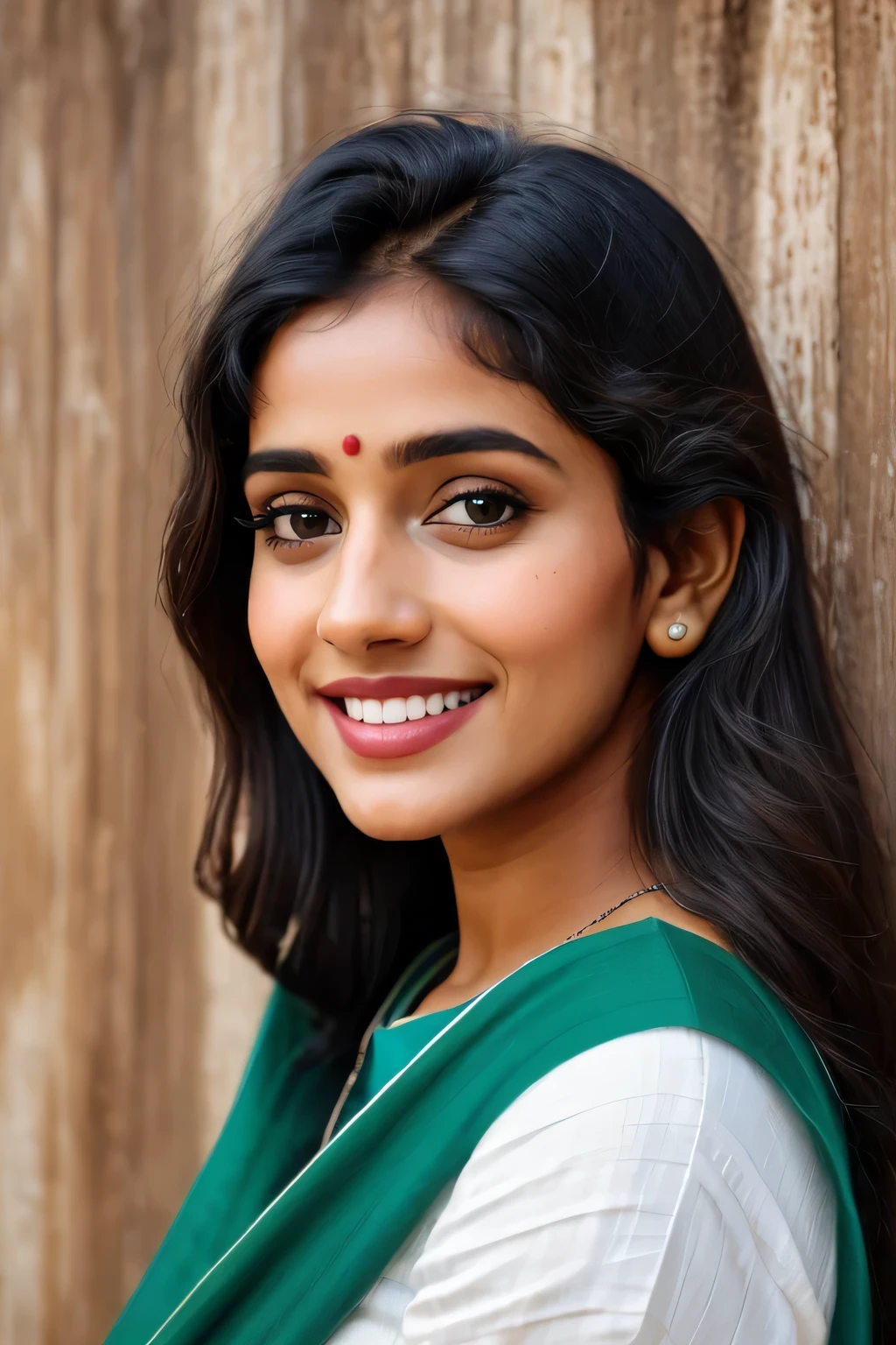 young 23 year old south Indian girl, cool right eyebrow scar, cheek dimples, lucky tooth in the front right upper jaw visible, green screen background, ultra hd photo, happy , professional looks, woman(passport size selfie, smiling, masterpiece, best quality, ultra-detailed, solo, analog style (look at viewer:1.2) (skin texture) (film grain:1.3), (cool tone) 400 camera f1.6 lens rich colors hyper realistic lifelike texture