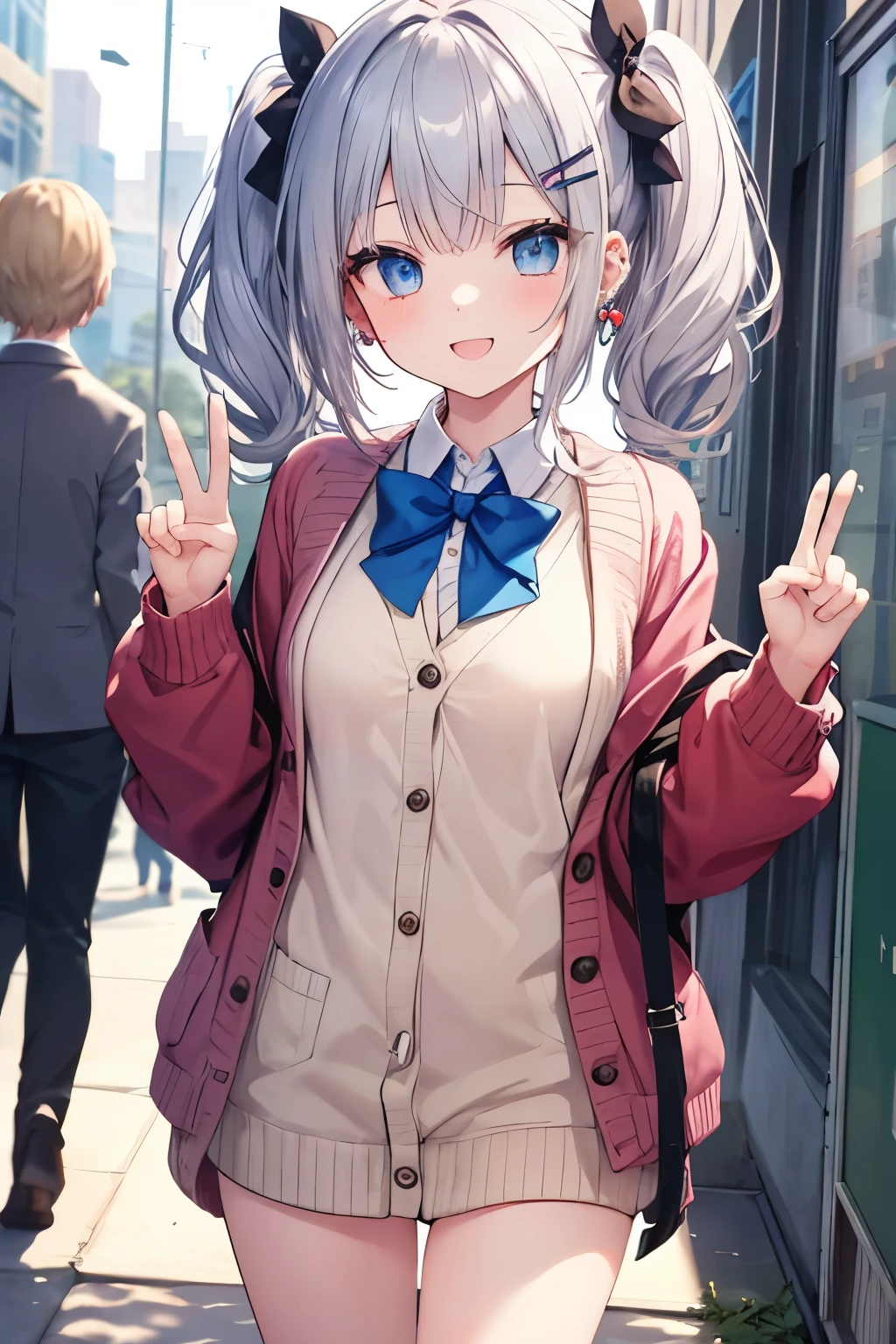 Silver-haired blue eyes、 girl、small breasts、twin tails、laughter、Nico Nico Smile、wearing a knit cardigan、wink、 girl、Looks about 、Petan Musume、girl、uniform、 girl、doing peace、accessories、ear piercing、Cute Hairpins、hair ornaments、Gal-like、are at school