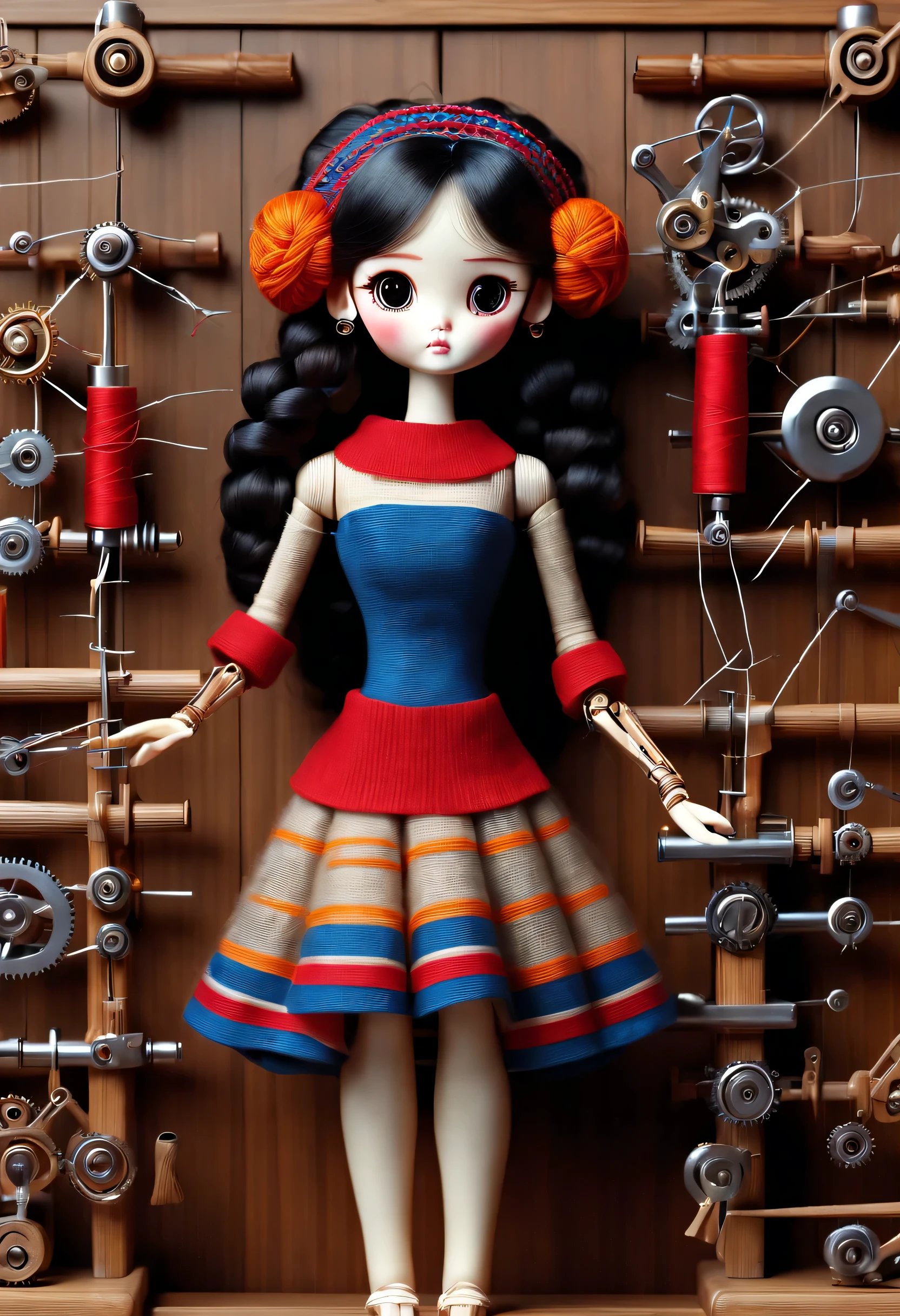 China&#39;s unique high-end carpenter sculpture style, character idea, (whole body), (a mechanically constructed doll is 织布）, sewing machine，木梭织带机由sewing machine架、Brora、sewing machine头、Shuttle and yarn composition。sewing machine架用于支撑sewing machine头和Brora，Brora和sewing machine头是织布的核心部件，They perform the weaving function through a series of mechanical movements。Shuttle is an essential accessory for weaving，Mainly responsible for conveying yarn，Realize the function of knitting, Mechanical wires connecting dolls&#39;s bow finger, Gears connect slender Legechanism on log base), The key spring is inserted into the back of the doll, cute and beautiful face, Extra long red double braids, blue and orange skirt, Slender mechanical wooden arms and legs, Beautiful and detailed，rotate, dance, 8k, super detailed, actual, high resolution, Ray tracing,