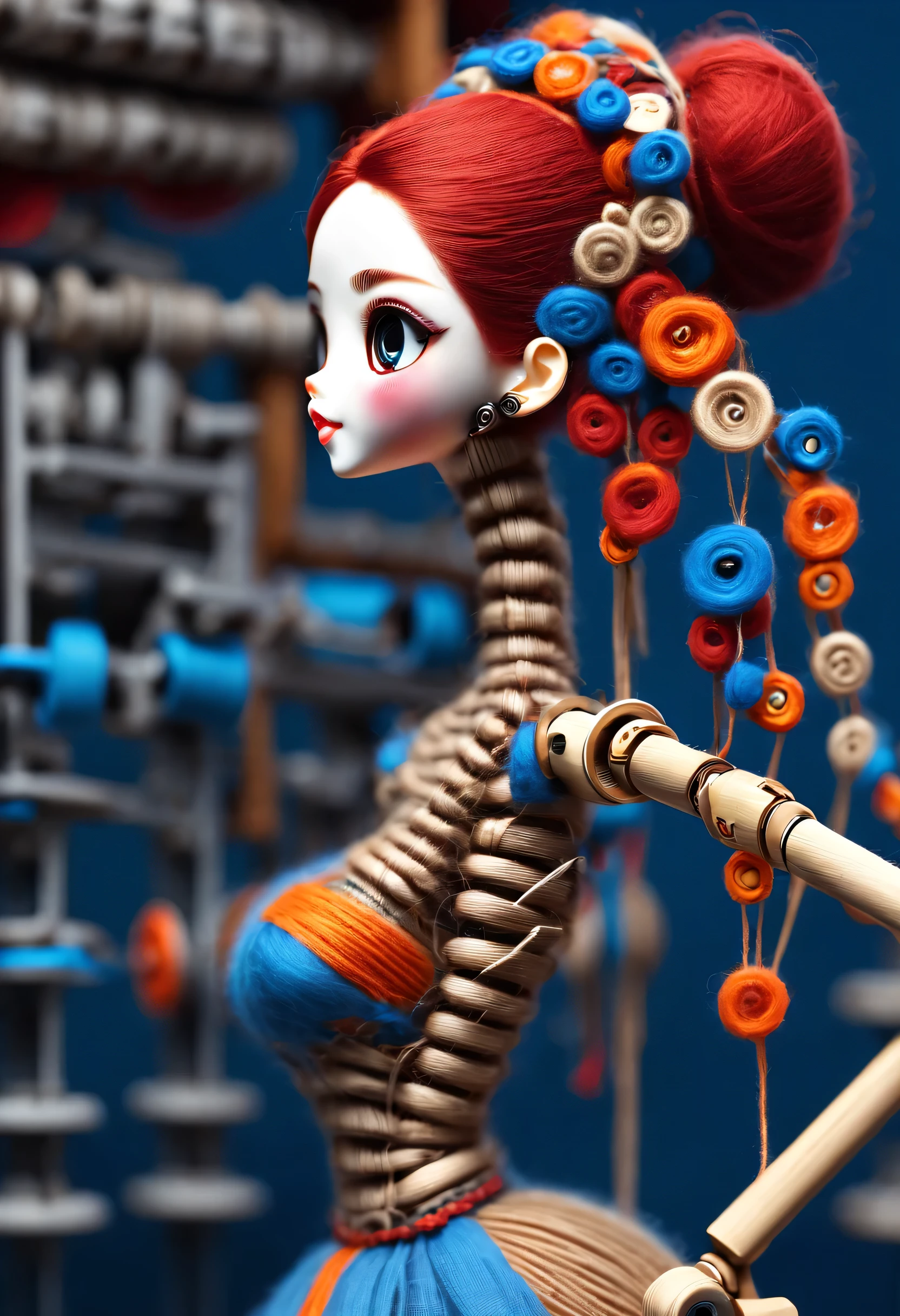 China&#39;s unique high-end carpenter sculpture style, character idea, (whole body), (a mechanically constructed doll is 织布）, sewing machine，木梭织带机由sewing machine架、Brora、sewing machine头、Shuttle and yarn composition。sewing machine架用于支撑sewing machine头和Brora，Brora和sewing machine头是织布的核心部件，They perform the weaving function through a series of mechanical movements。Shuttle is an essential accessory for weaving，Mainly responsible for conveying yarn，Realize the function of knitting, Mechanical wires connecting dolls&#39;s bow finger, Gears connect slender Legechanism on log base), The key spring is inserted into the back of the doll, cute and beautiful face, Extra long red double braids, blue and orange skirt, Slender mechanical wooden arms and legs, Beautiful and detailed，rotate, dance, 8k, super detailed, actual, high resolution, Ray tracing,