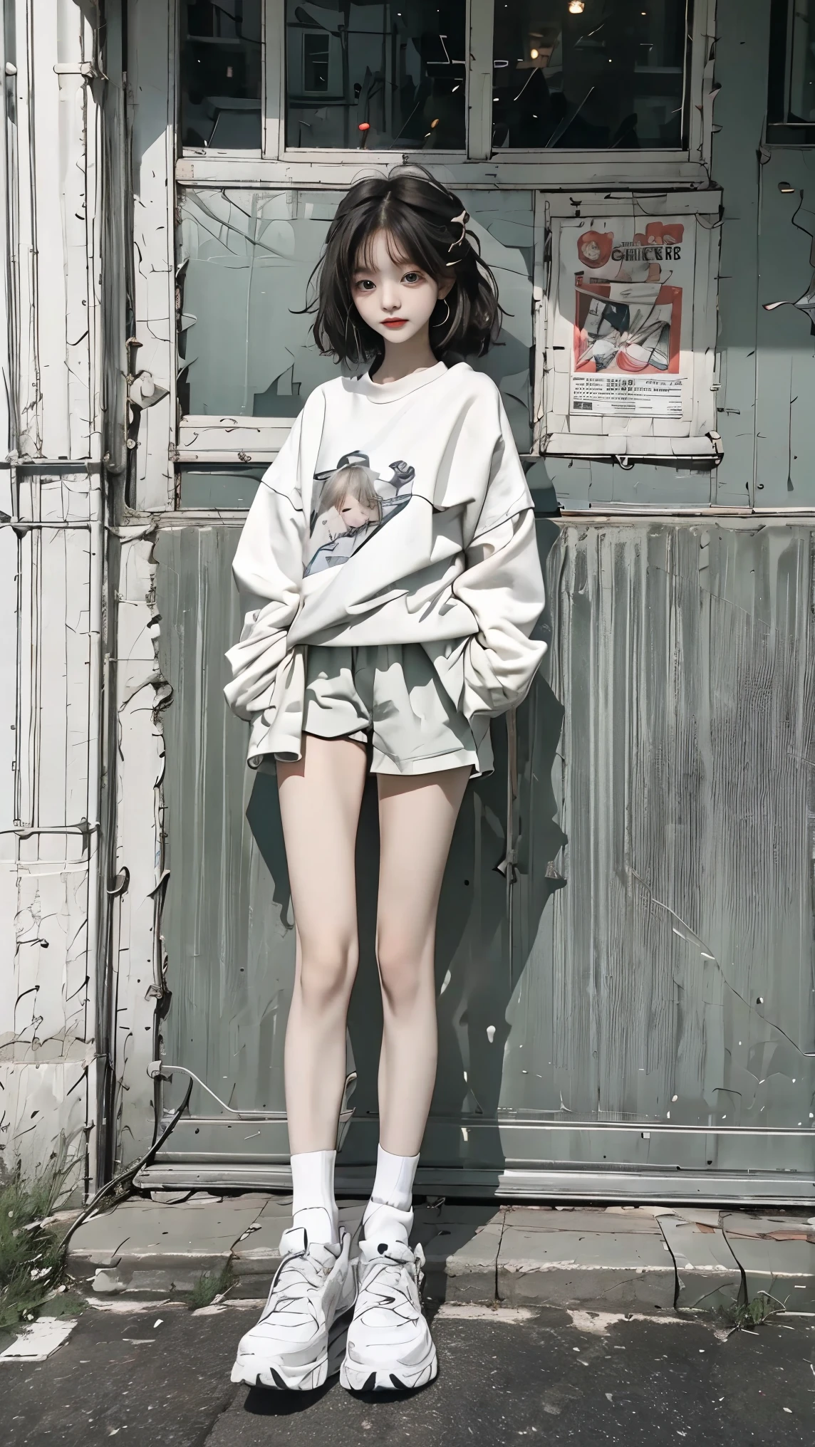 masterpiece，8k，street，14 year old girl，long-sleeved sweatshirt，pretty，cute，White skin，short shorts，Very thin legs，sock，stand，whole body