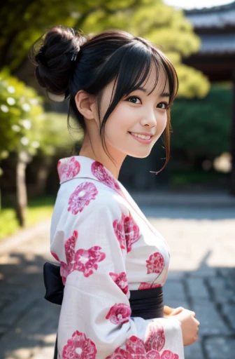 best quality, detailed, beautiful, insanely detailed, absurdres,
Japanese woman,black hair,27 years old,
(slender),
(small breasts best quality), temple, walking, looking at viewer,cheerful grin, bun hair, yukata, japanese, at festival, in the Japanese festival, at dusk, mystical atmosphere, full body shot, front view