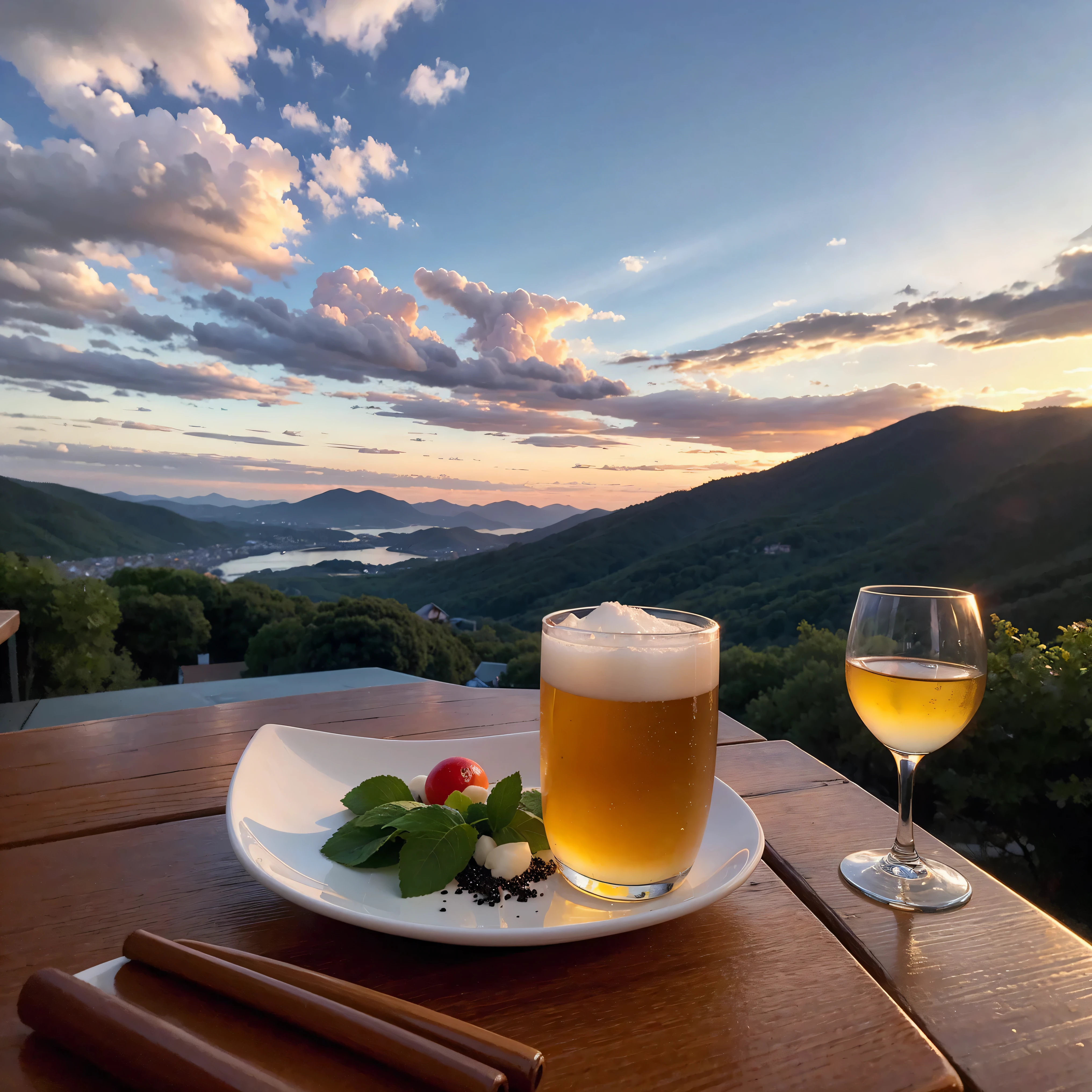 (including 64k, nffsw, highest quality, table top: 1.2), (realistic, realistic: 1.37), Spectacular view of the sunset sky and clouds、Amazing mountain views、White wine、Japanese sake、Sake Glass、wine glass、、sparkling wine、