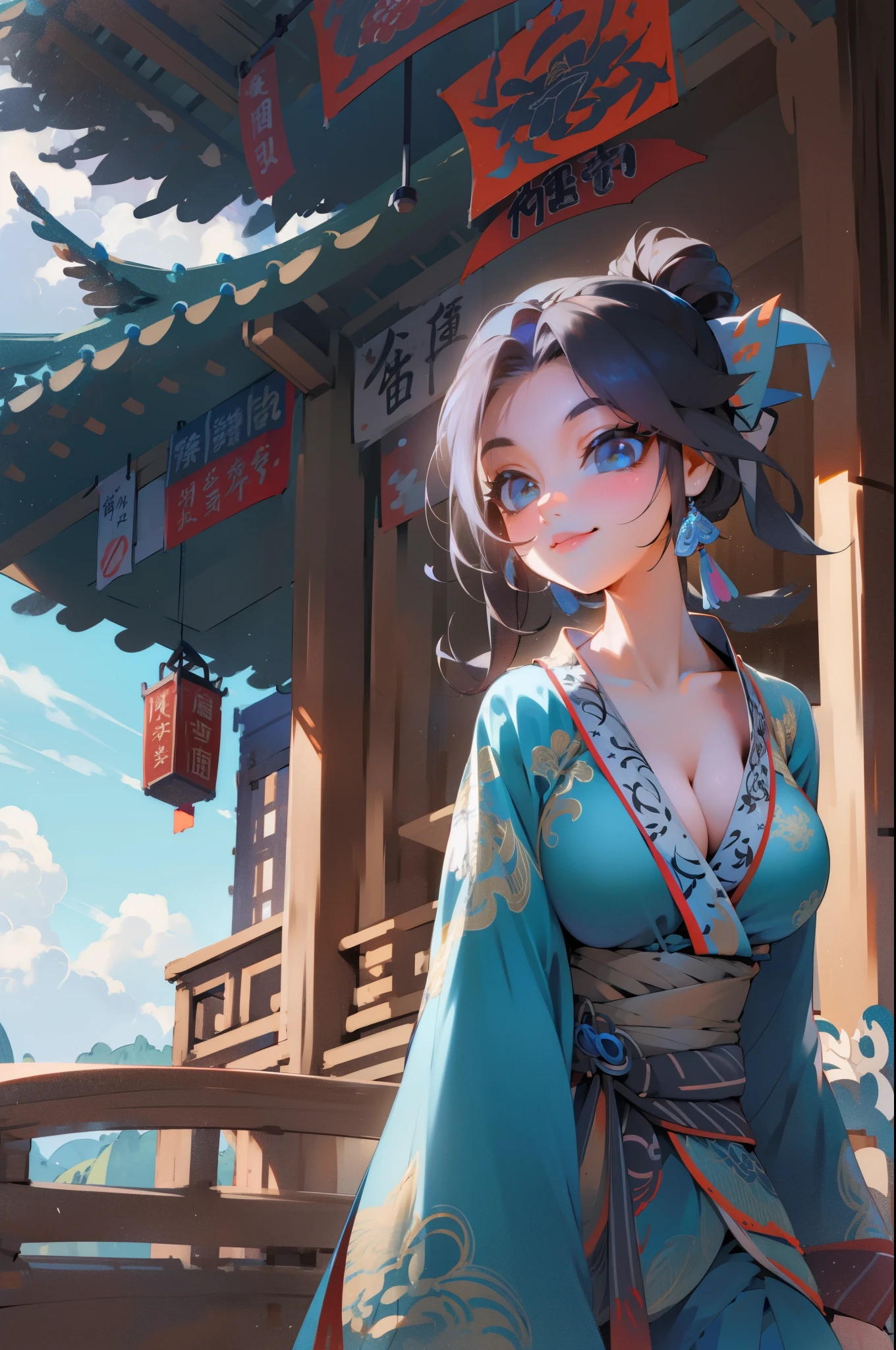 samdoesarts style award winning half body portrait of a beautiful woman in a croptop and cargo pants with ombre navy blue teal hairstyle with head in motion and hair flying, paint splashes, splatter, outrun, vaporware, shaded flat illustration, digital art, trending on artstation, highly detailed, fine detail, intricate