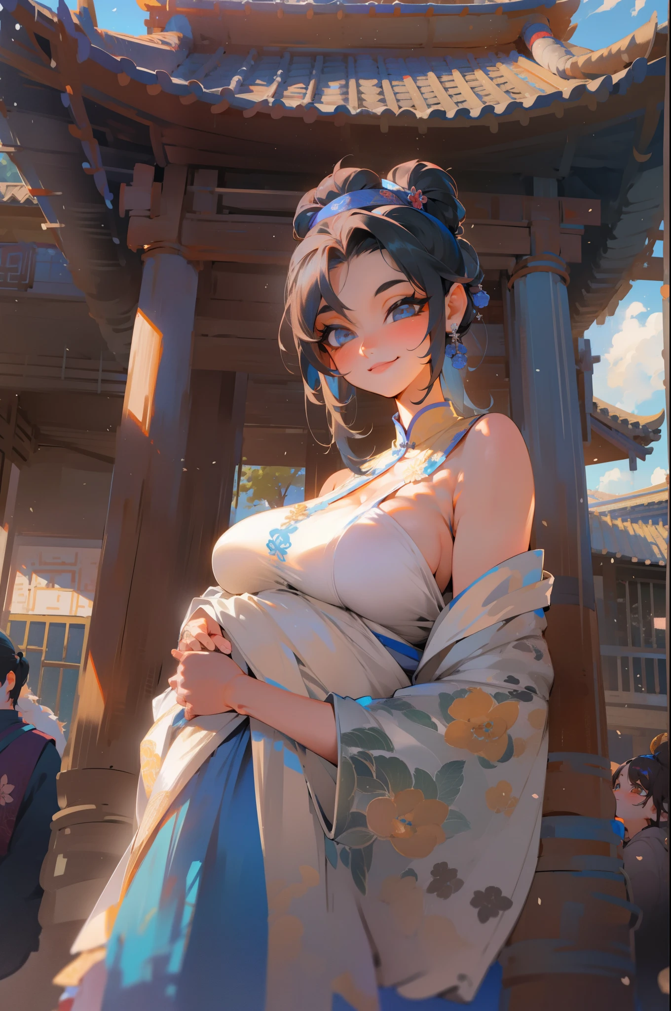 samdoesarts style award winning half body portrait of a beautiful woman in a croptop and cargo pants with ombre navy blue teal hairstyle with head in motion and hair flying, paint splashes, splatter, outrun, vaporware, shaded flat illustration, digital art, trending on artstation, highly detailed, fine detail, intricate
