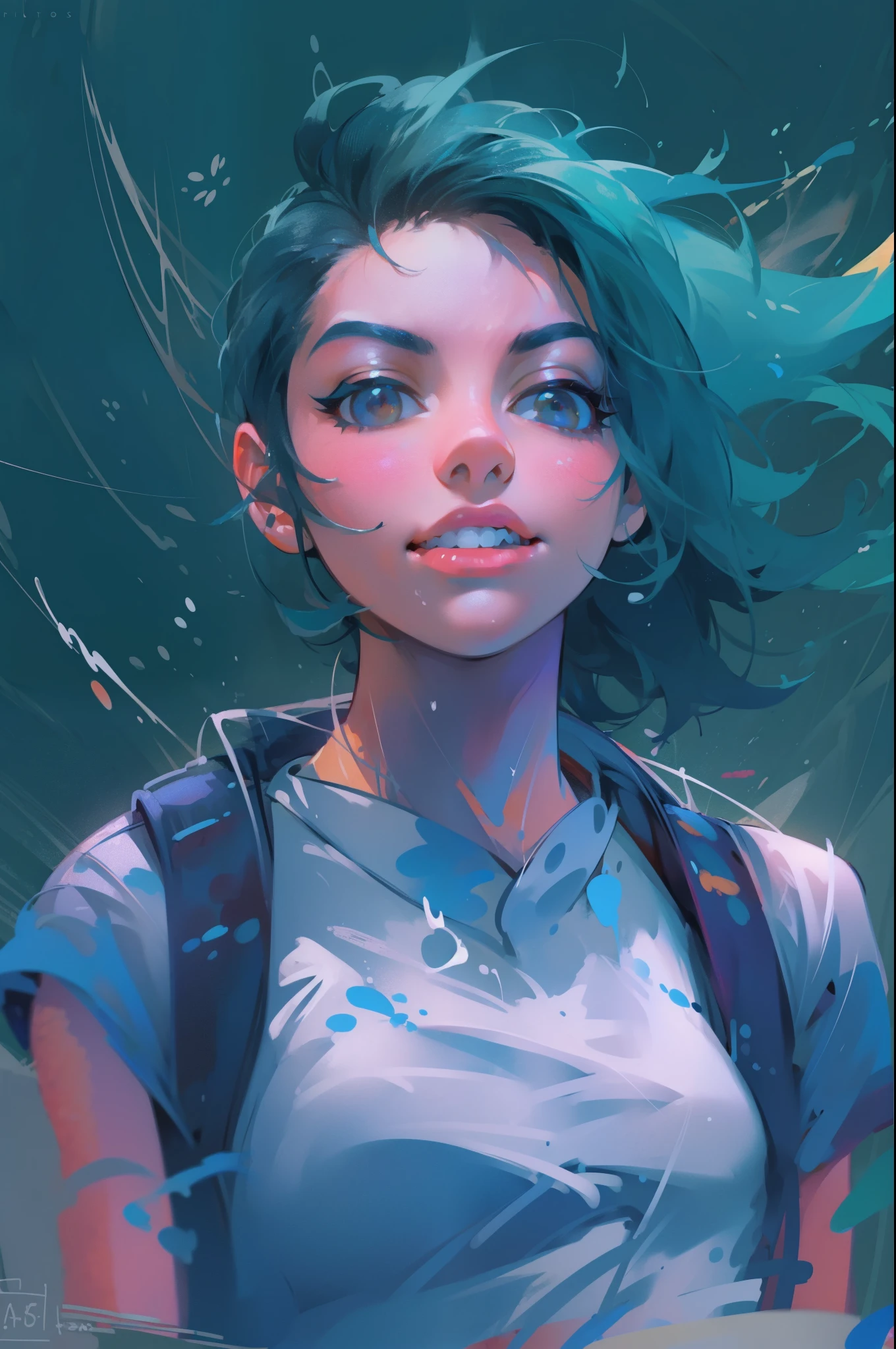 samdoesarts style award winning half body portrait of a beautiful woman in a croptop and cargo pants with ombre navy blue teal hairstyle with head in motion and hair flying, paint splashes, splatter, outrun, vaporware, shaded flat illustration, digital art, trending on artstation, highly detailed, fine detail, intricate