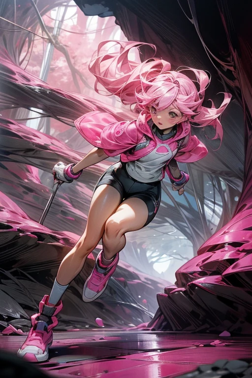 cute anime girl rides a bicycle, in running shorts, short shorts, Cave covered with pink biological cells
