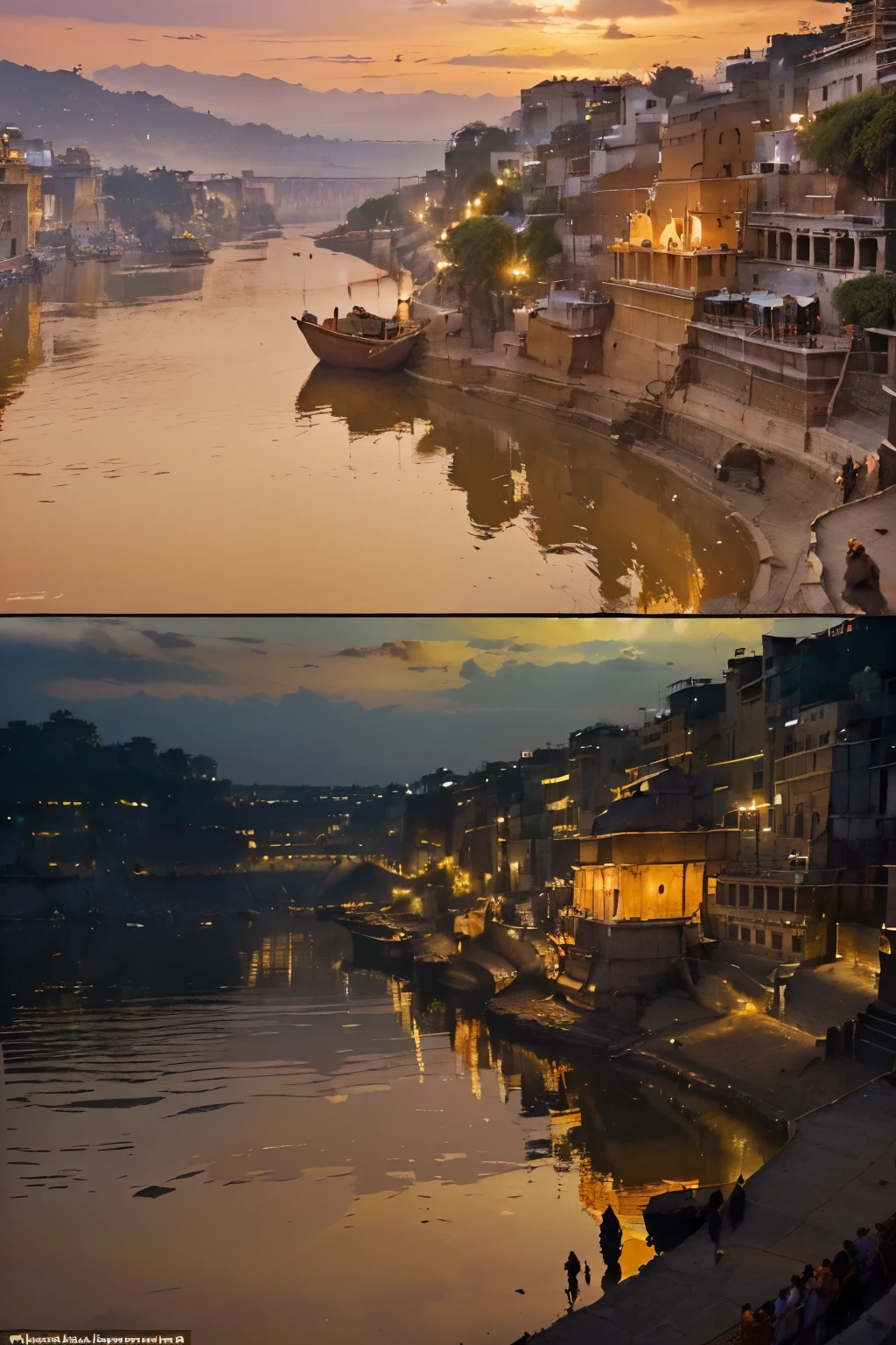 (((background)))(((Capture the breathtaking Dashashwamedh Ghat at different times – from the golden hues of the sunset Aarti to the tranquil moments after dusk. Showcase the glowing ghats and the vibrant atmosphere, with the Ganges reflecting the changing skies.)))