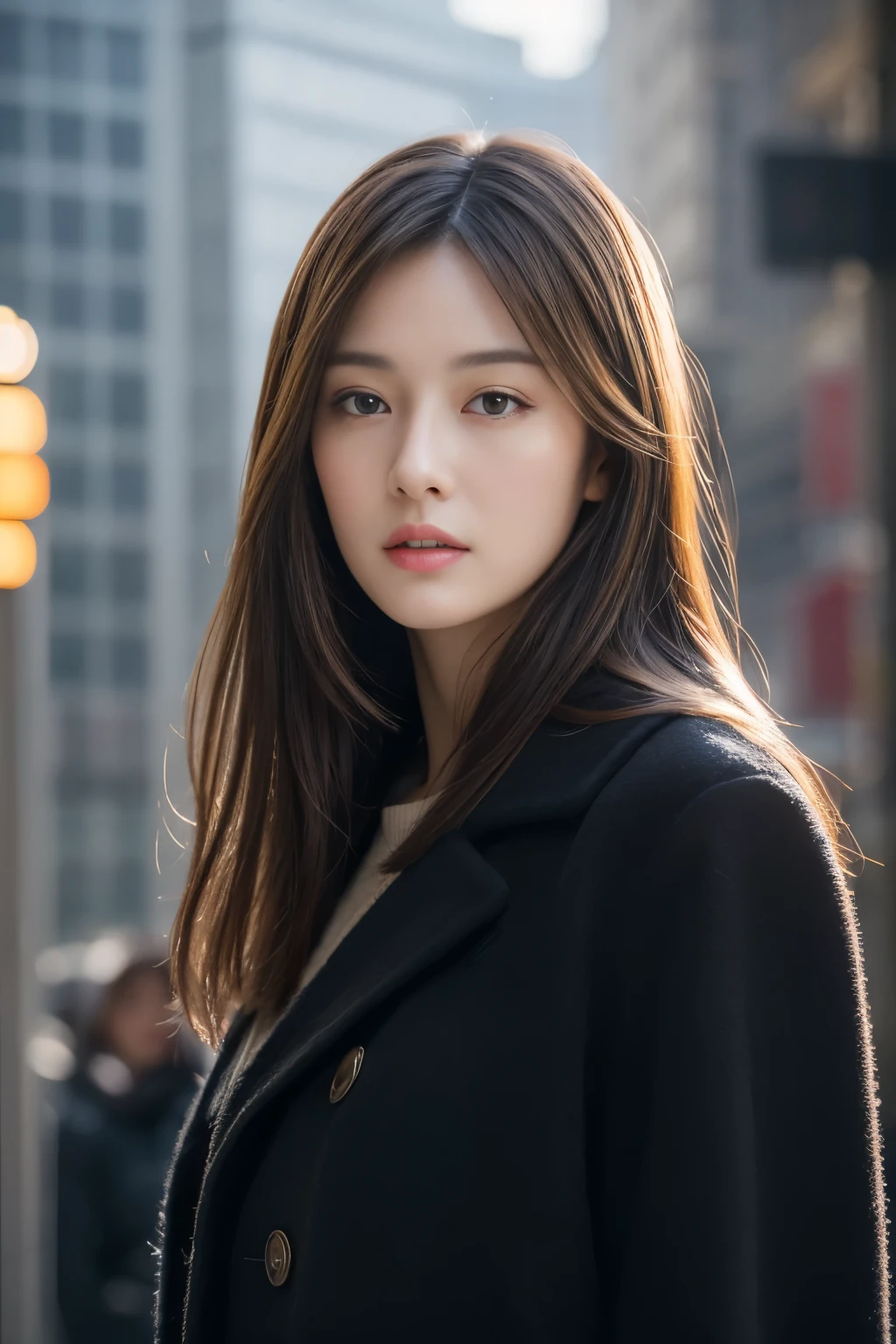 highest quality, masterpiece, 8k, photorealistic, realistic lighting, clear focus, 1 girl, perfect figure, slim body shape, view audience, dark brown hair, black coat, Scenery in the city, super detailed face, detailed eyes