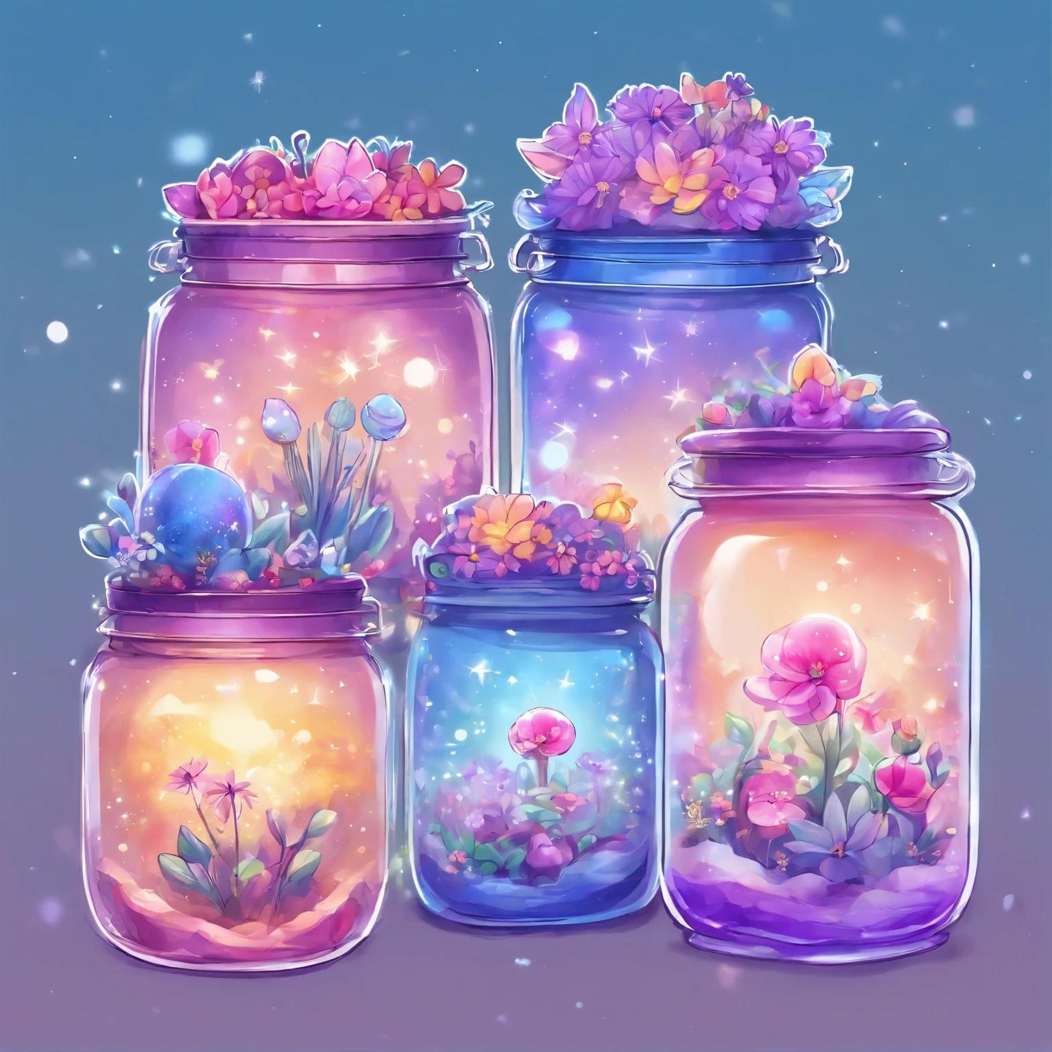 purple and blue floral design on a clear glass container, graphic of enchanted terrarium, mythical floral hills, concept art magical highlight, fantasy sticker illustration, dreamscape in a jar, magical glow, ✨🕌🌙, omori, crystal forest, magically glowing, wonderland portal, jelly glow, moonlit starry sky environment, magical background, soft airbrushed artwork.
