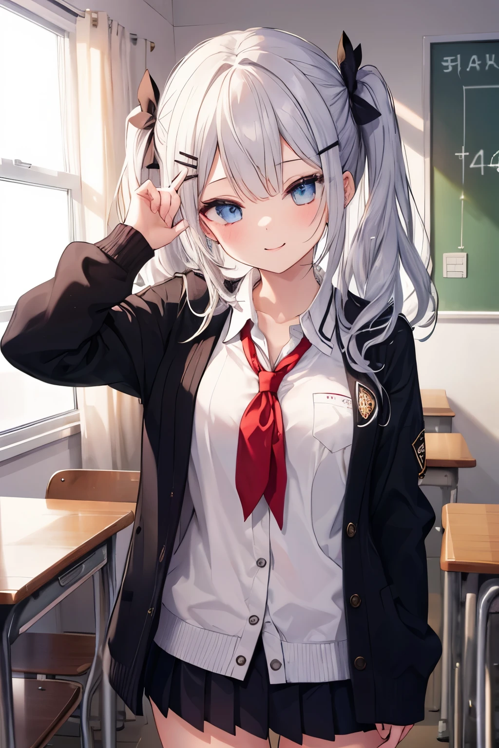 Silver-haired blue eyes、 girl、small breasts、twin tails、laughter、Nico Nico Smile、wearing a knit cardigan、wink、 girl、Looks about 15 years old、Petan Musume、girl、uniform、 girl、doing peace、accessories、ear piercing、Cute Hairpins、hair ornaments、Gal-like、are at school、look of temptation、sexy