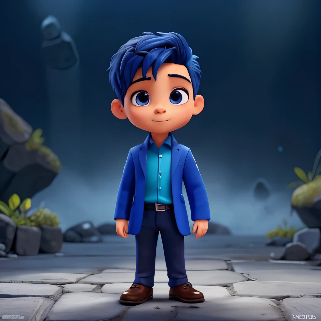 Avatar animado de un chico vestido de azul, con traje azul que tenga tematica de erudito con anteojos, joven.