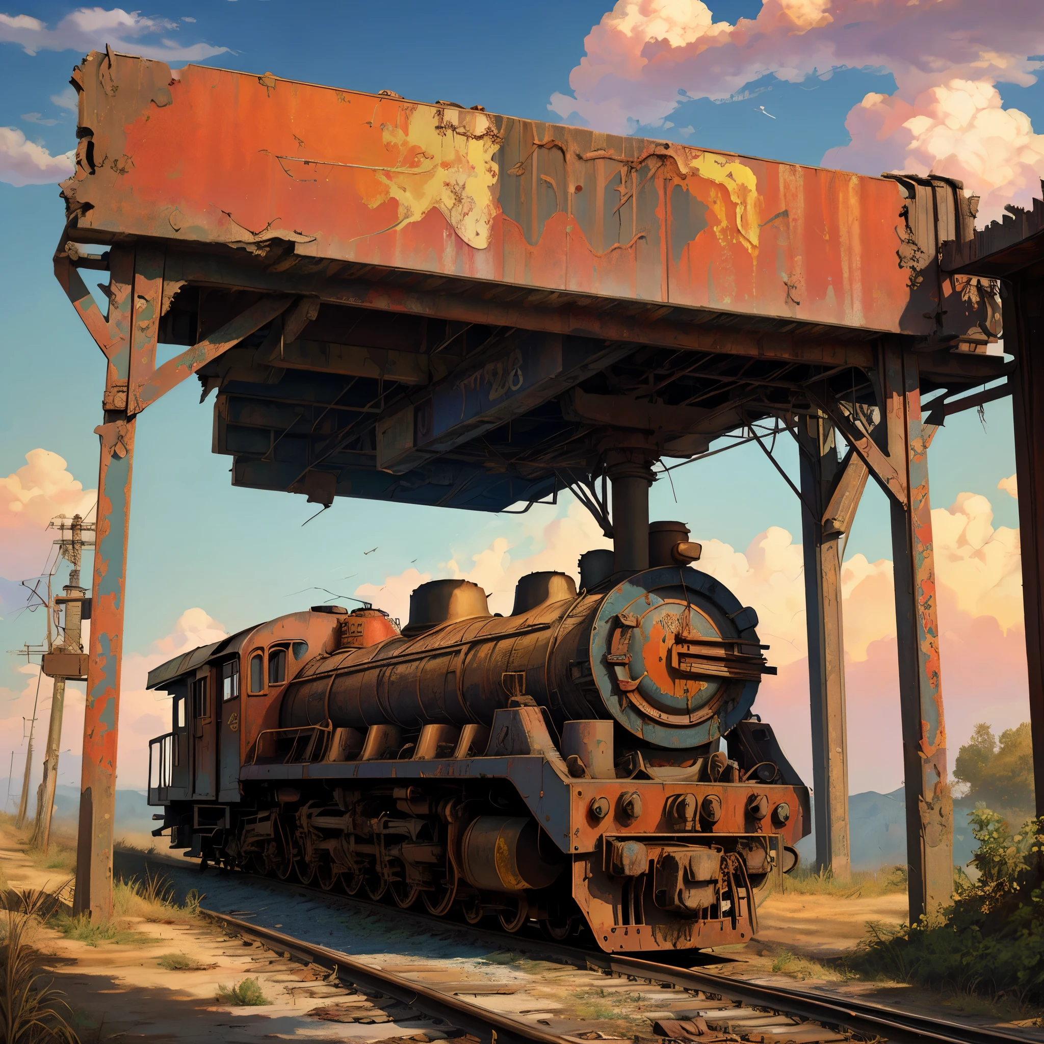 abandoned train station, horror, rusty train, detailed artwork, painting abstract, colorful, sky, depth of field