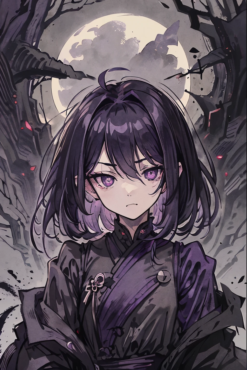 Dark silhouette, upper body, dark shadows, only silhouette, 1boy, shadow, dark aura, looking at viewer, deadpan face, shadow, (white messy hair:1.5), (dark purple shining eyes:1.5), white hair, close-up, vampire, vampire fang, cute fang, fang